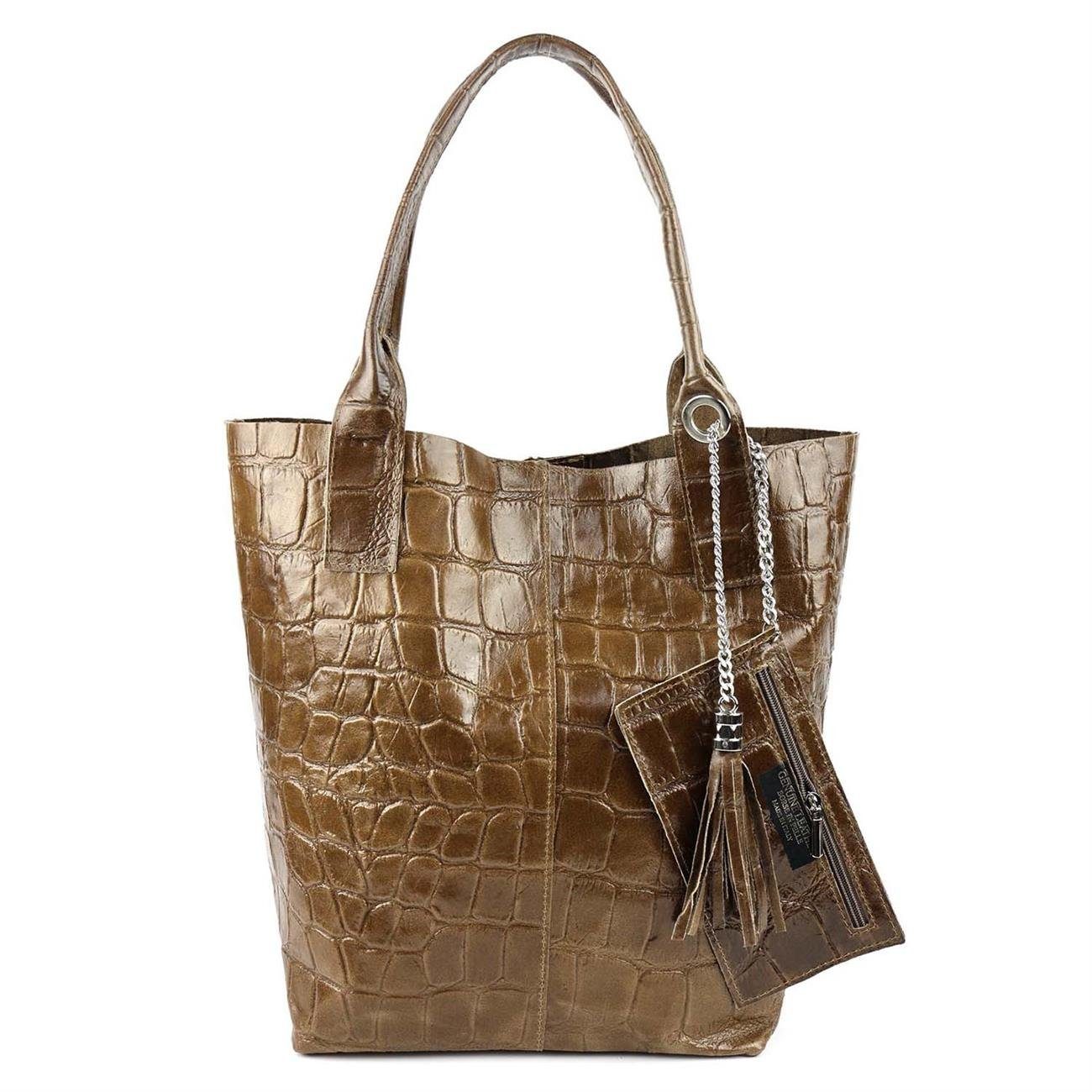 ITALYSHOP24 Schultertasche Made in Italy Damen Leder Shopper Schultertasche, ein Leichtgewicht, als Handtasche, Henkeltasche tragbar