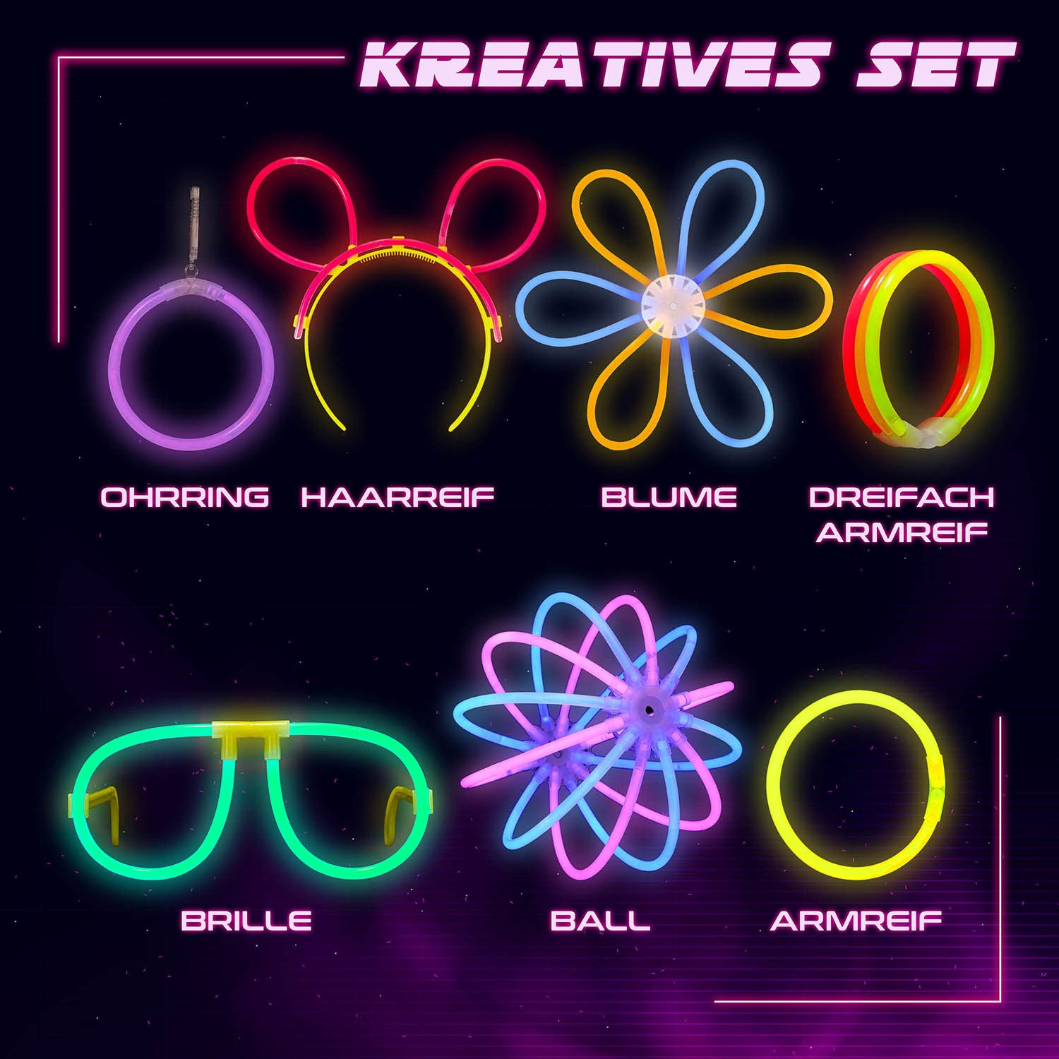 Vivaloo Knicklicht Party Set 7 Farben inkl. Verbinder, Silvester, Festival Ausrüstung, Neon Leuchtstäbe