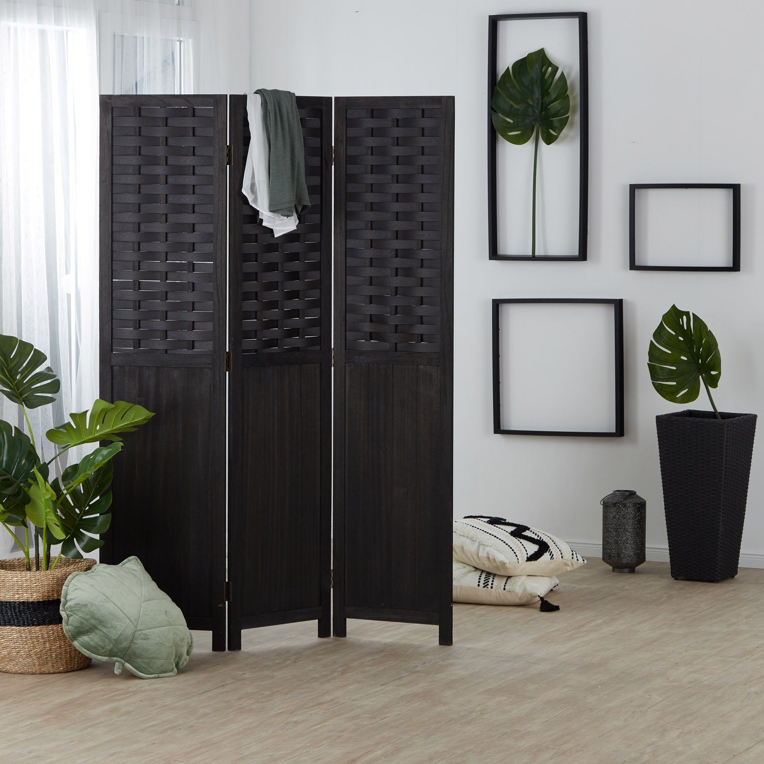 Holz Schwarz Rattan Sichtschutz 3 Homestyle4u Raumteiler teilig Trennwand Optik Paravent