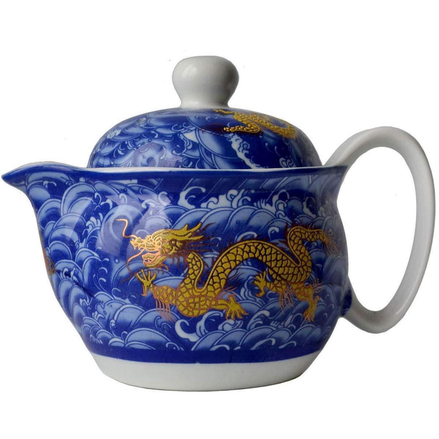 LuxusKollektion Teesieb Teekanne Porzellan 350ml Drachenmotiv Marineblau, Keramik