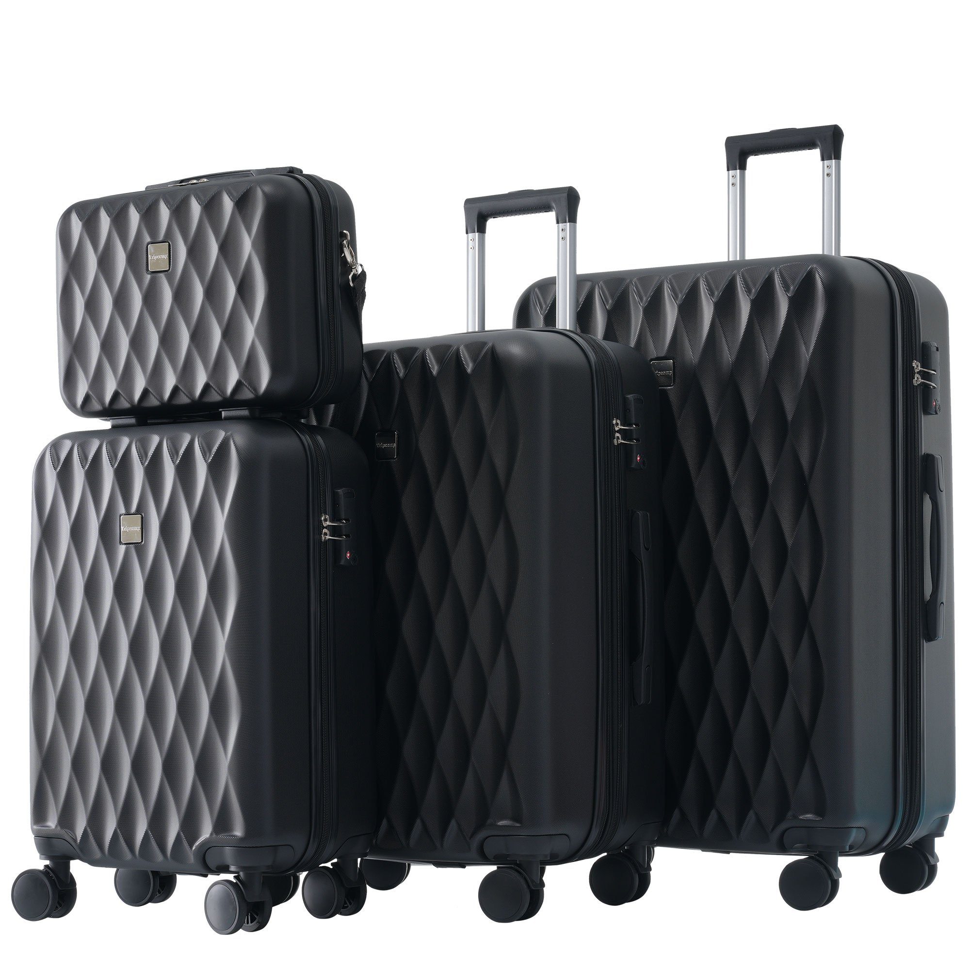 Mit Gepäck REDOM Trolleyset, Zahlenschloss Hartschalen-Koffer, Schwarz und Rollen, (S-M-L-XL-Set, tlg., 4 Teleskopstiel Kosmetiktasche, Rollkoffer), 4 mit Universalrad,