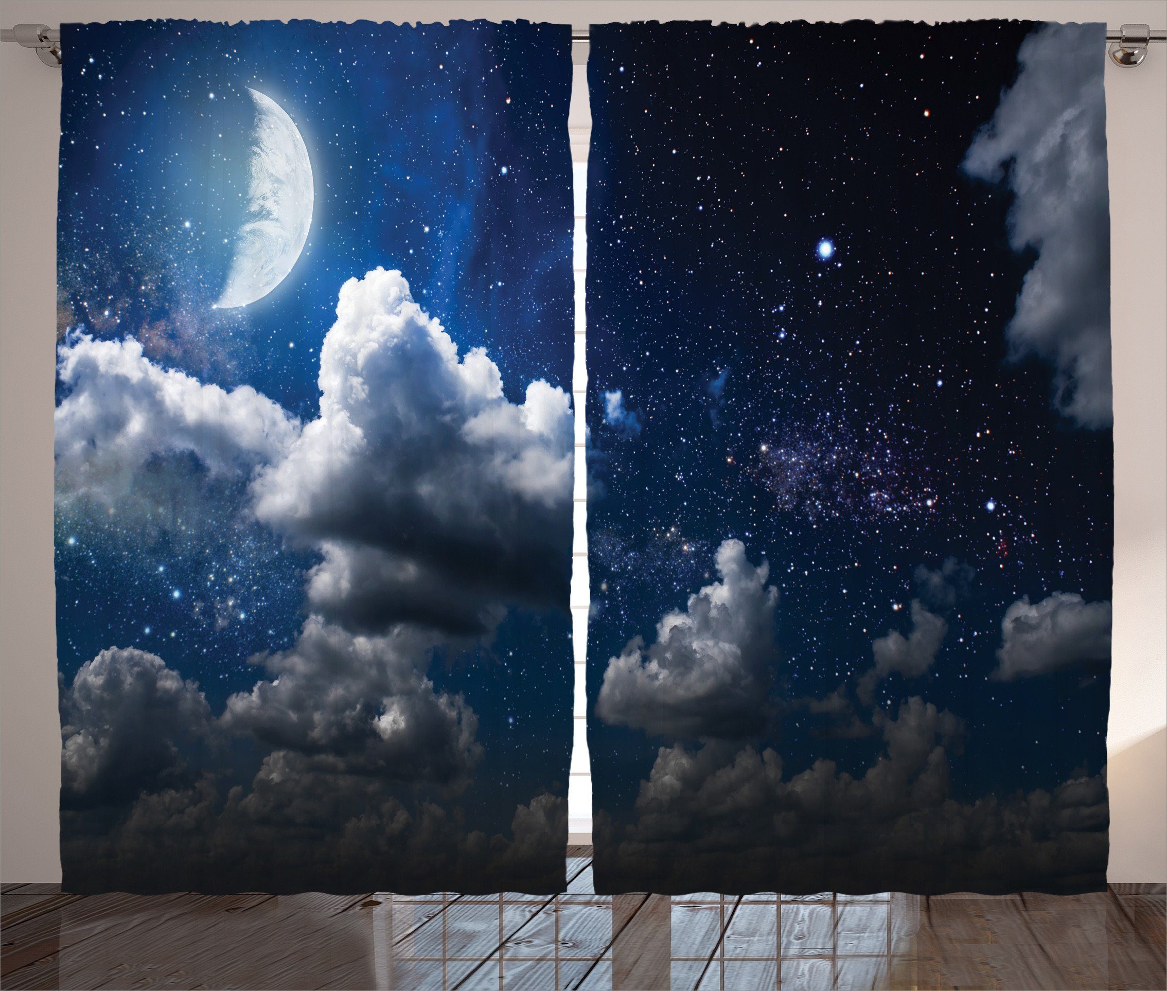 Gardine Schlafzimmer Kräuselband Vorhang mit Schlaufen und Haken, Abakuhaus, Platz Mond Wolken Stern-Nacht