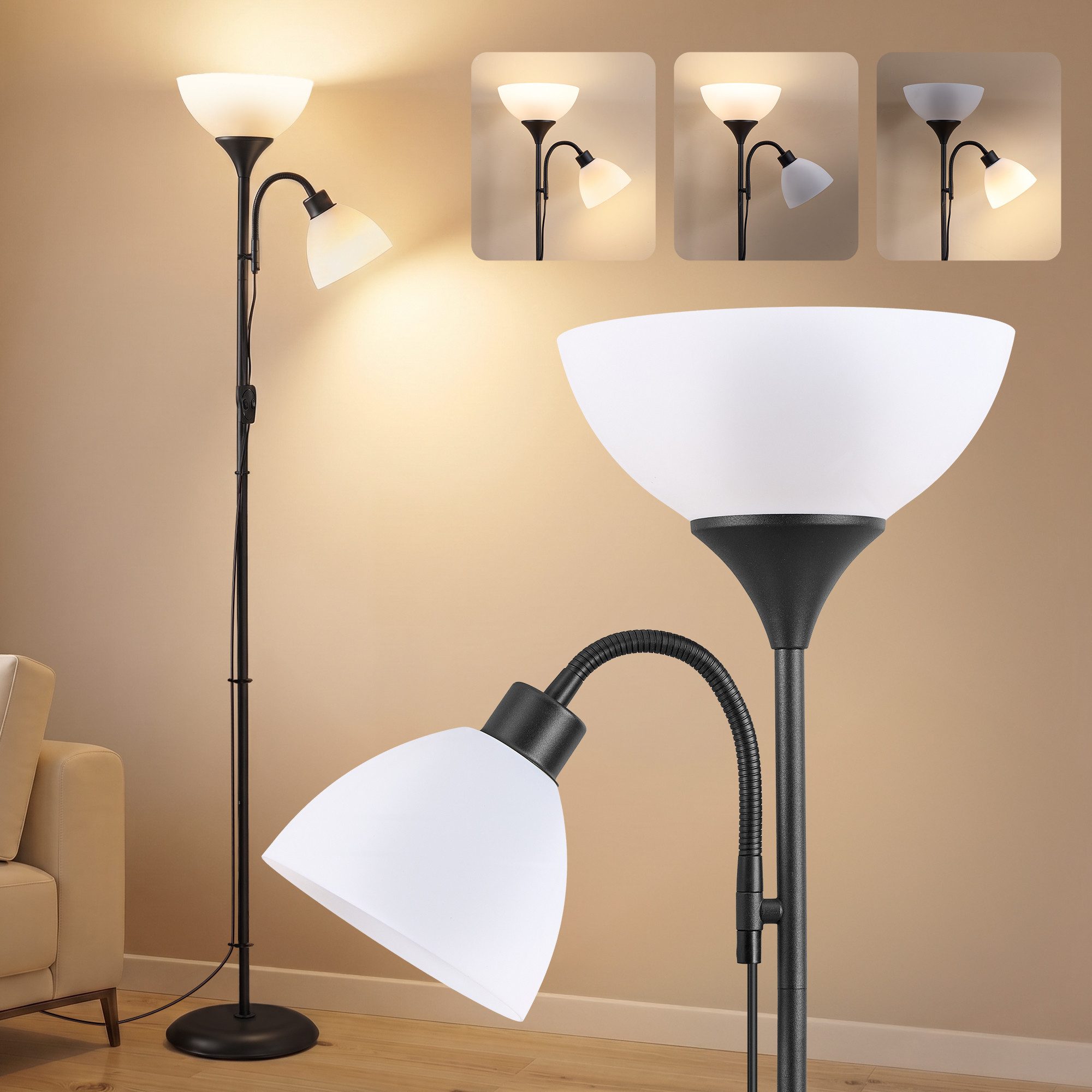 VASAGLE Stehlampe Deckenfluter mit Leselampe, 1,76 m Standleuchte mit verstellbarem Lesearm, Stehleuchte