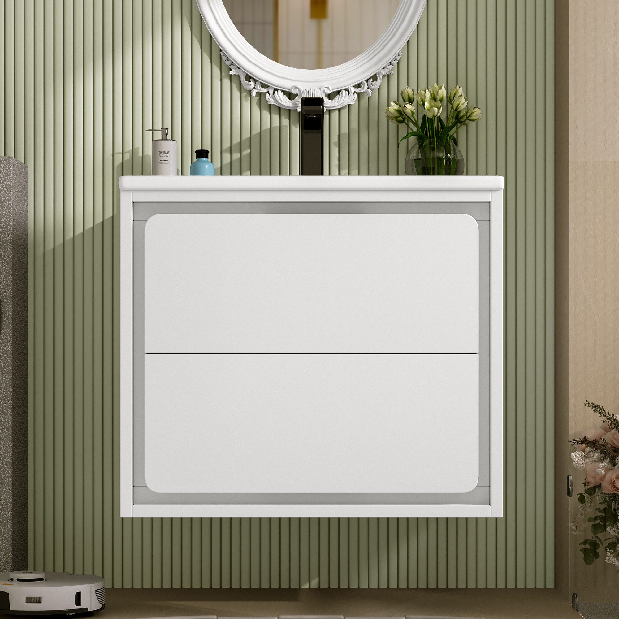 Flieks vanity unit with LED radar sensor including washbasin (wall-mounted, bathroom cabinet fully lacquered, 1-piece, W60/D46/H50 cm), bathroom furniture washbasin area with 2 drawers and LED lighting white