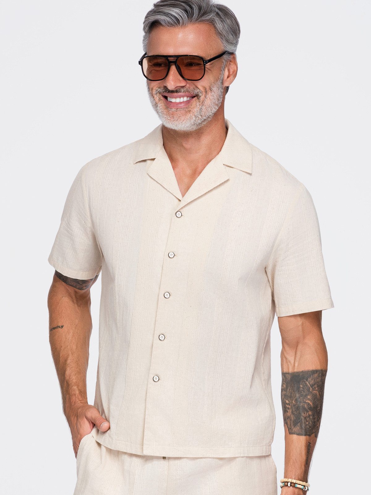 OMBRE T-Shirt Herren T-Shirt mit Rundhalsausschnitt Casual Creme S (kein Set, 1-tlg) aus Baumwolle