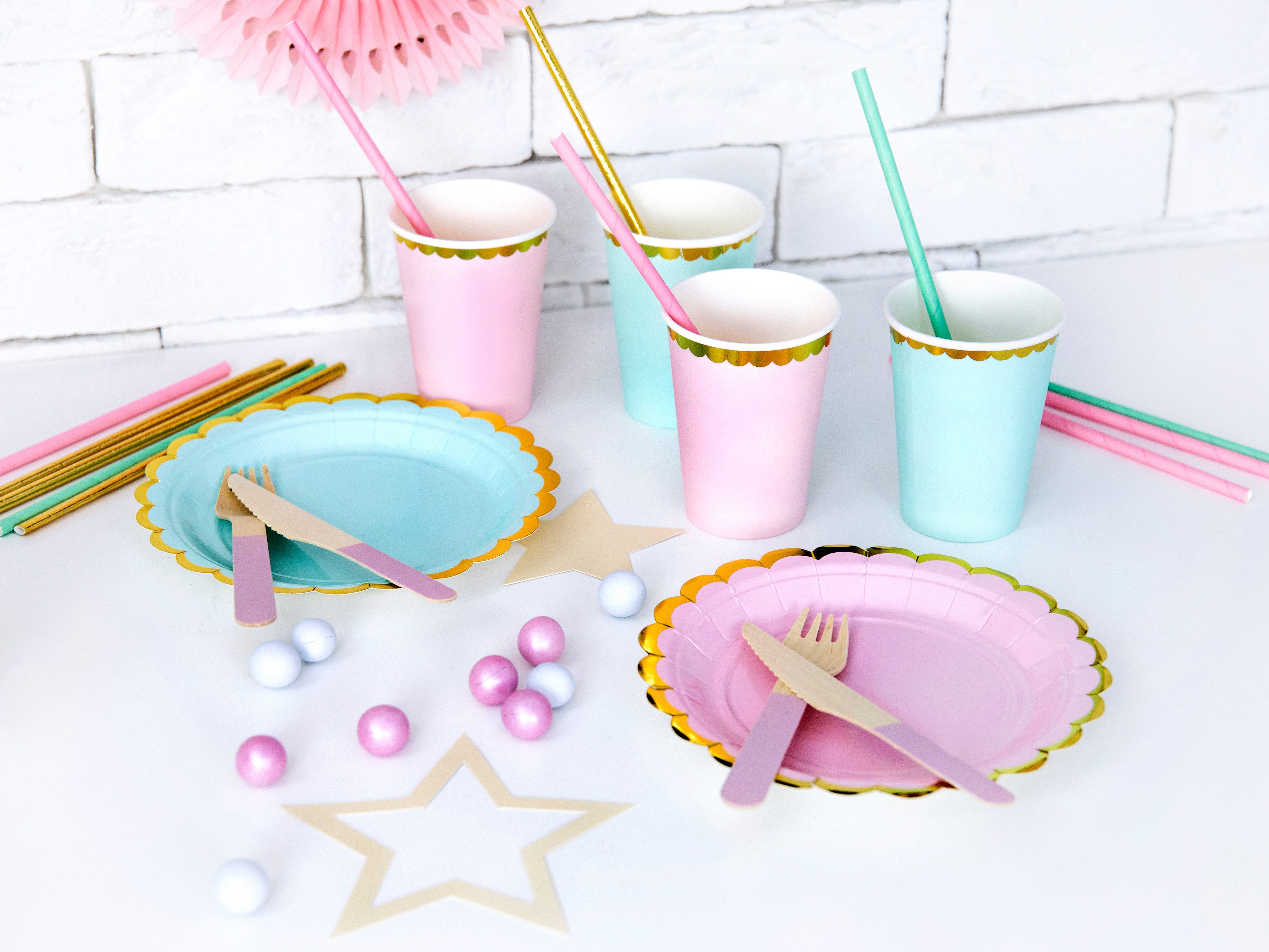partydeco Einwegbecher Pappbecher Goldrand 220ml/6Stk. Rosa, Papier, Pappe