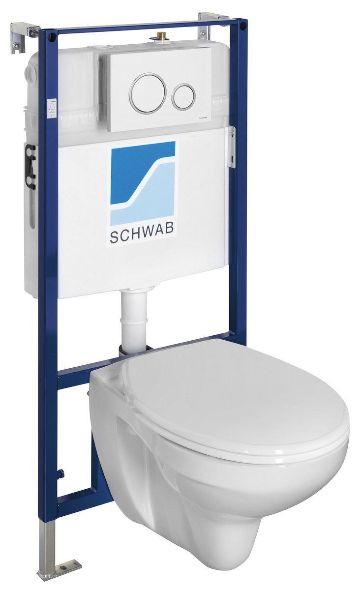 Aqualine Tiefspül-WC Taurus Wand-WC mit UP-Spülkasten und Schwab Knopf, weiß, Aqualine-LC1582-SET5-SET