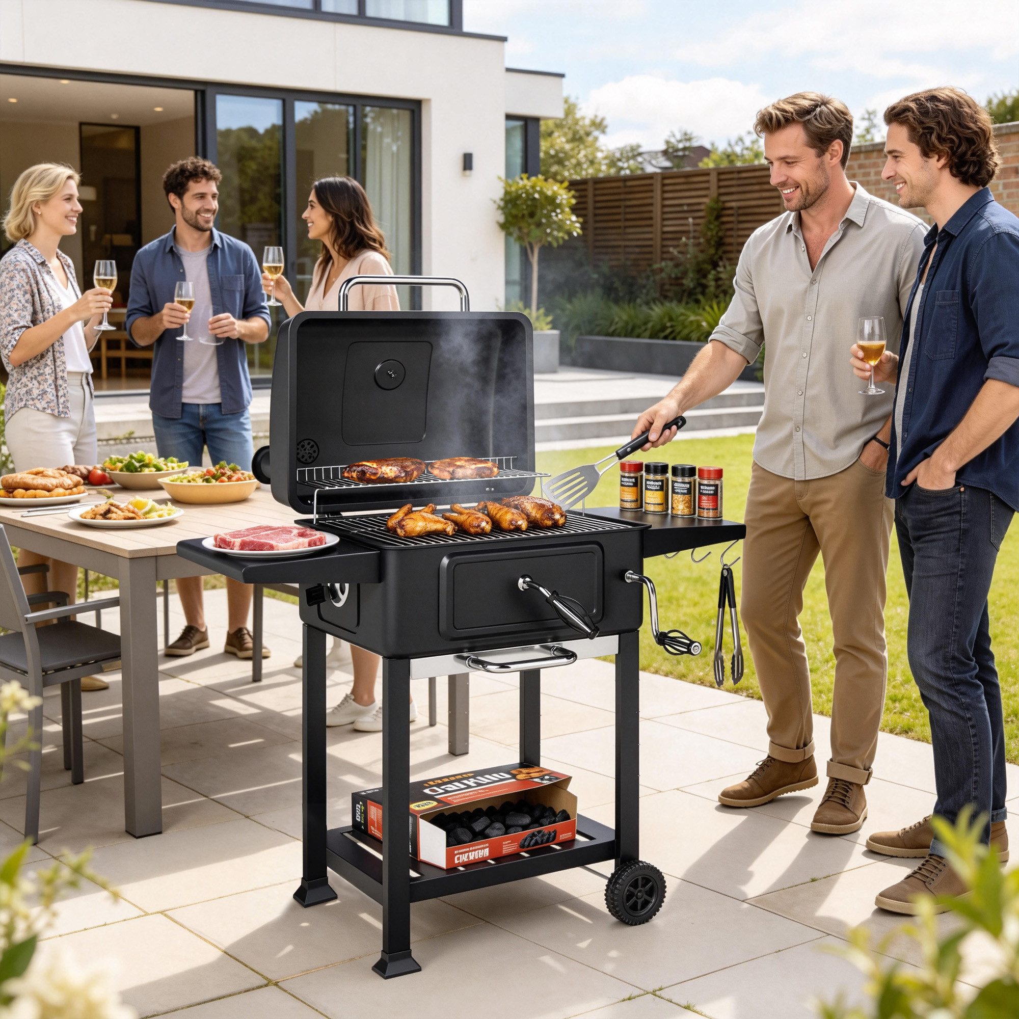 Outsunny Holzkohlegrill Kohlegrillwagen mit Kamin Grillrost Seitentisch Lüftung, Räder, BBQ Smoker, Grillwagen, für Camping Garten