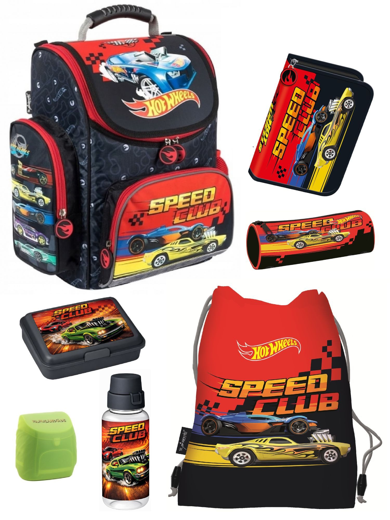Familando Schulranzen Hot Wheels Schultasche 1. Klasse, leicht, kompakt, ergonomisch (7-tlg., inkl. Federmapppe, Brotbox und Trinkflasche), ergonomischer Tornister für Jungen und Mädchen