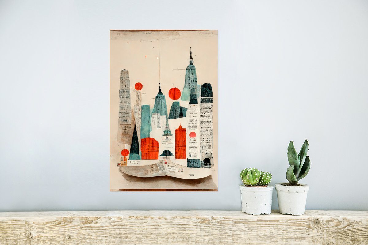 (1 Vintage - Farben Stadt Poster für Rahmen MuchoWow - St), Skyline, Ohne Wohnzimmer, Rot Wandbild, Poster, Wandposter - -