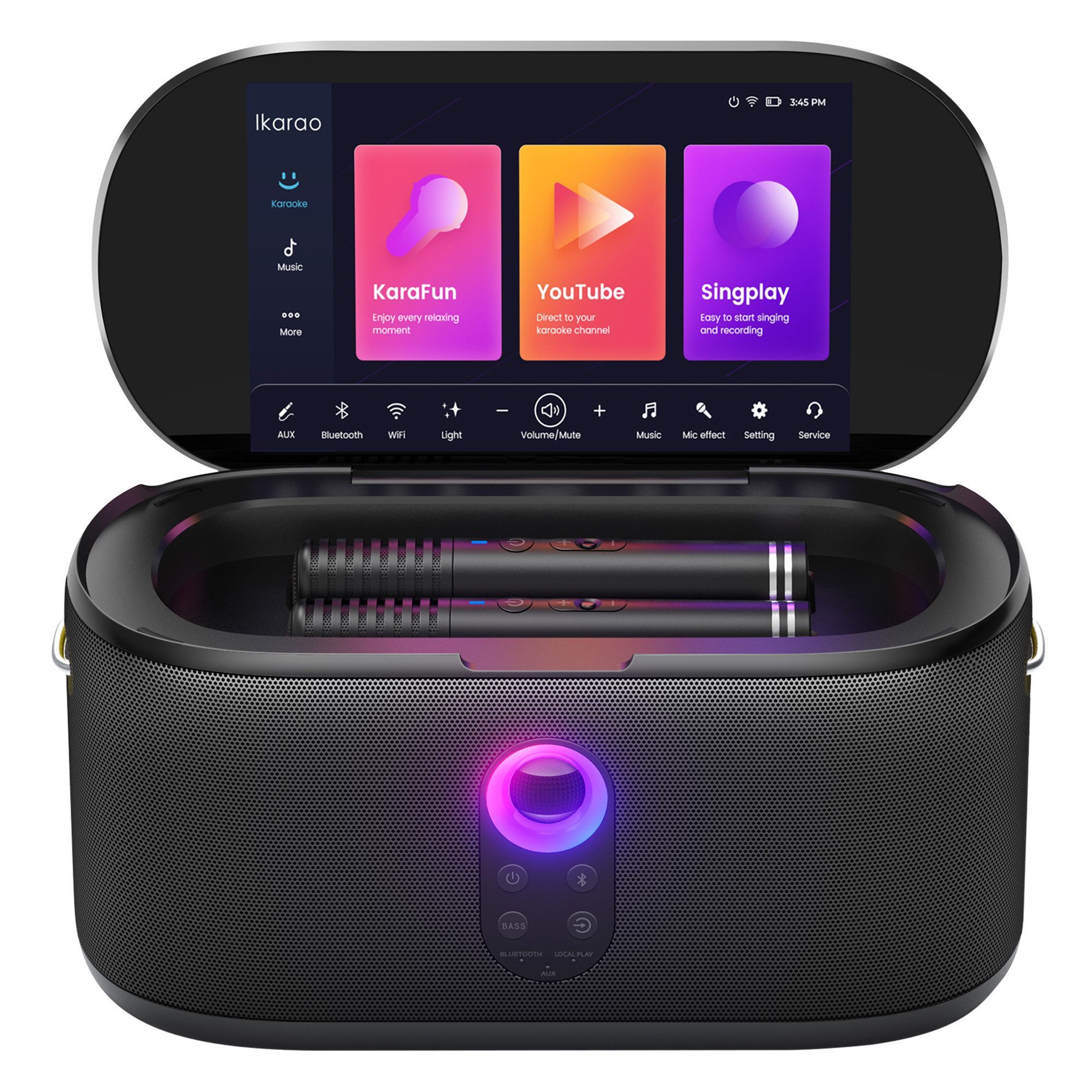 Ikarao Shell Karaoke-Maschine 2.0 (WiFi 2.4 GHz, WiFi 5 GHz, Bluetooth 5.3, 280 W, Karaoke Lautsprecher, Touchscreen, 2 Mikrofone (kabellos), Lichteffekt)