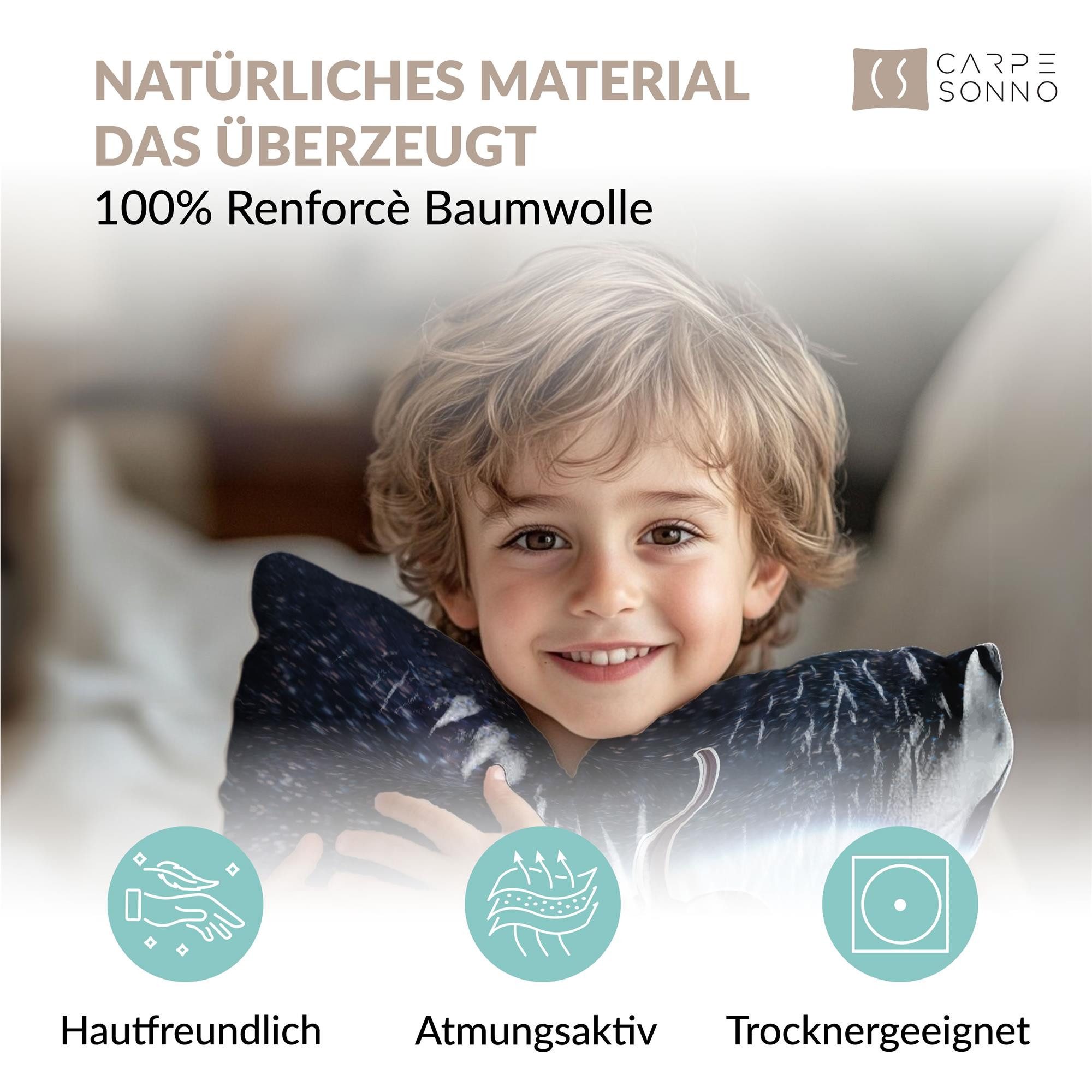 Carpe Sonno Kinderbettwäsche 135 x 200 Jungen Leuchtend Bettwäsche Kinder Astronaut Weltall +SPIELE, Renforcé, 2 teilig, GLOW IN THE DARK Bettbezug 135x200 - 100% Baumwolle