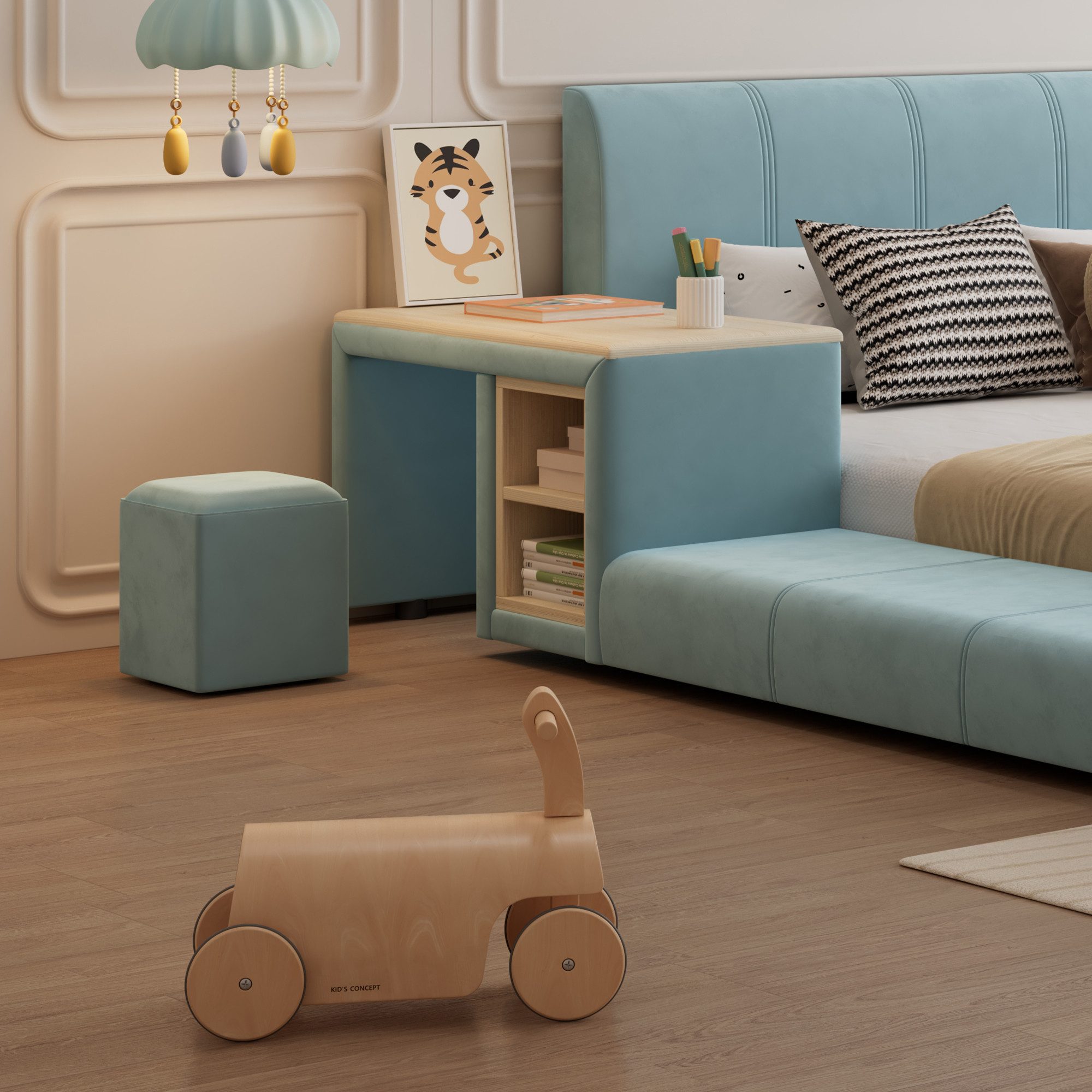 Flieks Polsterbett, Kinderbett 140x200cm mit Schreibtisch und Hocker mit Rausfallschutz