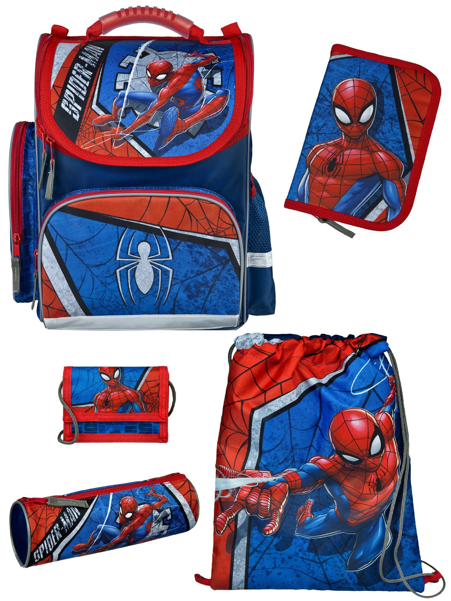 Familando Schulranzen Clou Spiderman Schultasche, blau rot, ab 1. Klasse (Grund-Set, 5-tlg., mit Federmappe etc), kompakt, 2-Wege-Reißverschluss