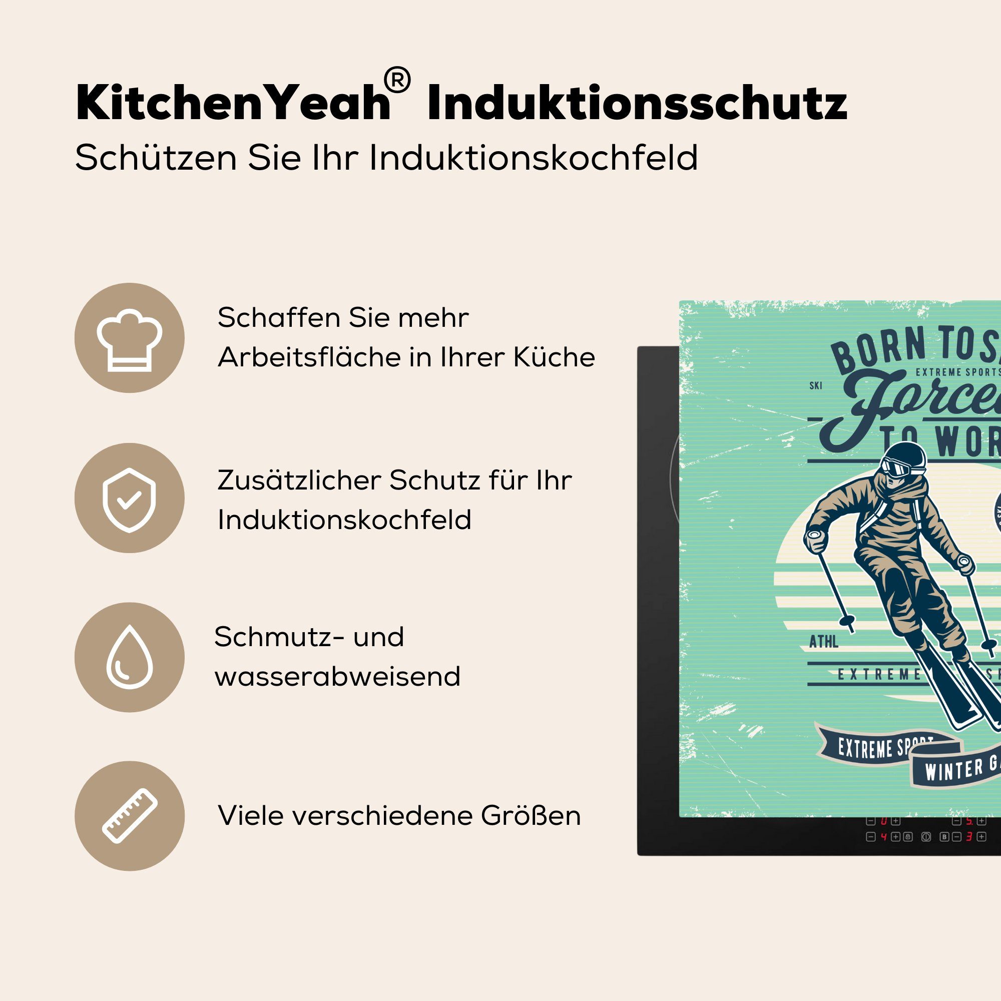 küche Vinyl, - - 78x78 Arbeitsplatte MuchoWow (1 cm, Ski Ceranfeldabdeckung, Retro, tlg), für Herdblende-/Abdeckplatte Sport