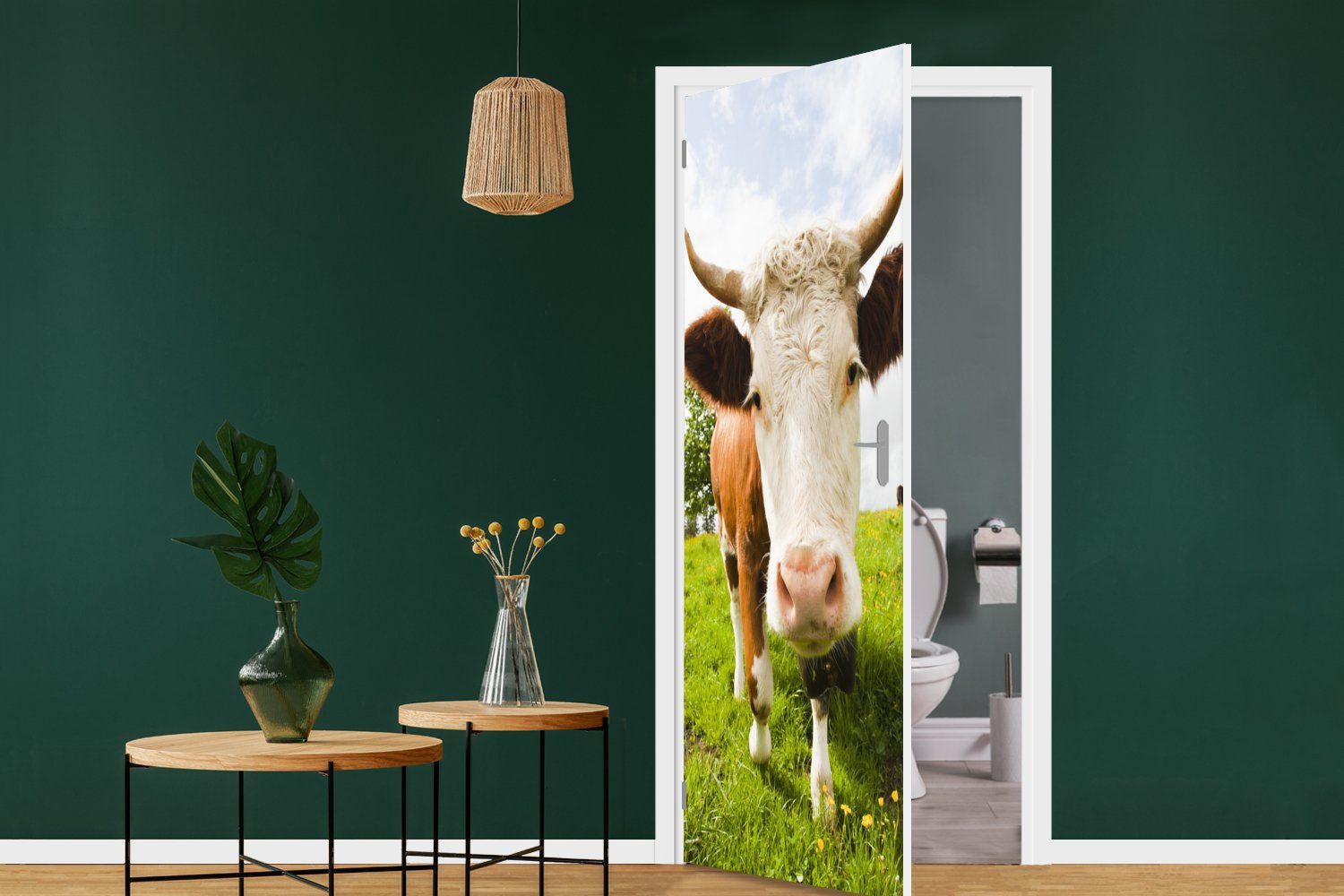 - cm Tür, Fototapete 75x205 für St), Türtapete Kuh - bedruckt, Türaufkleber, Schatten, (1 MuchoWow Licht Matt,