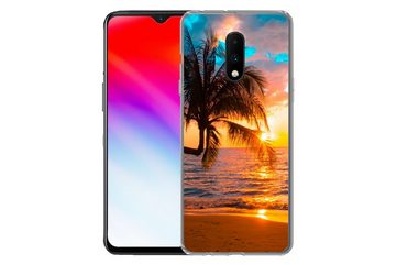 MuchoWow Handyhülle Palme - Sonnenuntergang - Horizont - Strand - Meer - Tropisch, Phone Case, Handyhülle OnePlus 7, Silikon, Schutzhülle