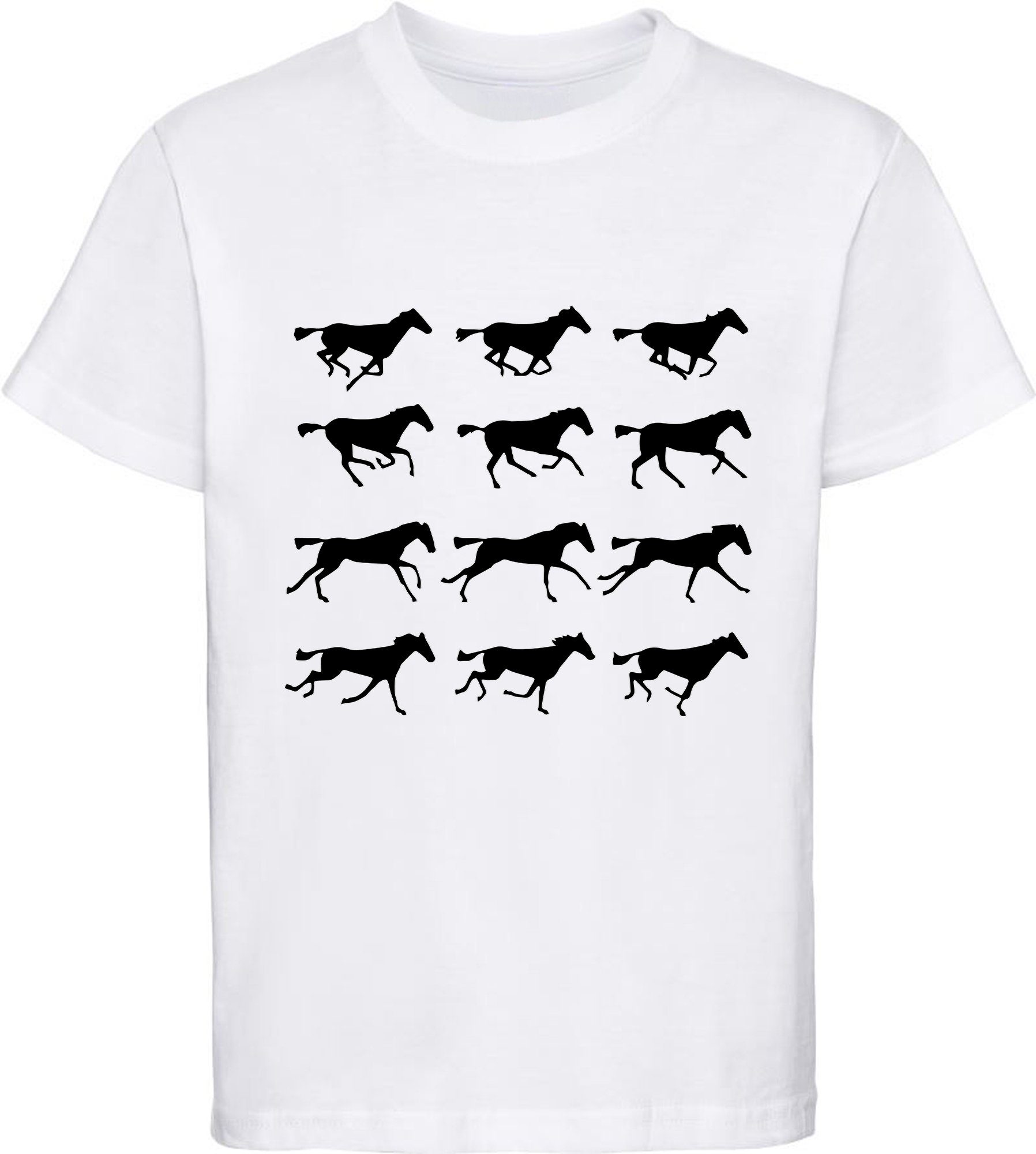 MyDesign24 Print-Shirt von T-Shirt Mädchen Aufdruck, Baumwollshirt Pferden weiss Silhouetten mit i173 - bedrucktes
