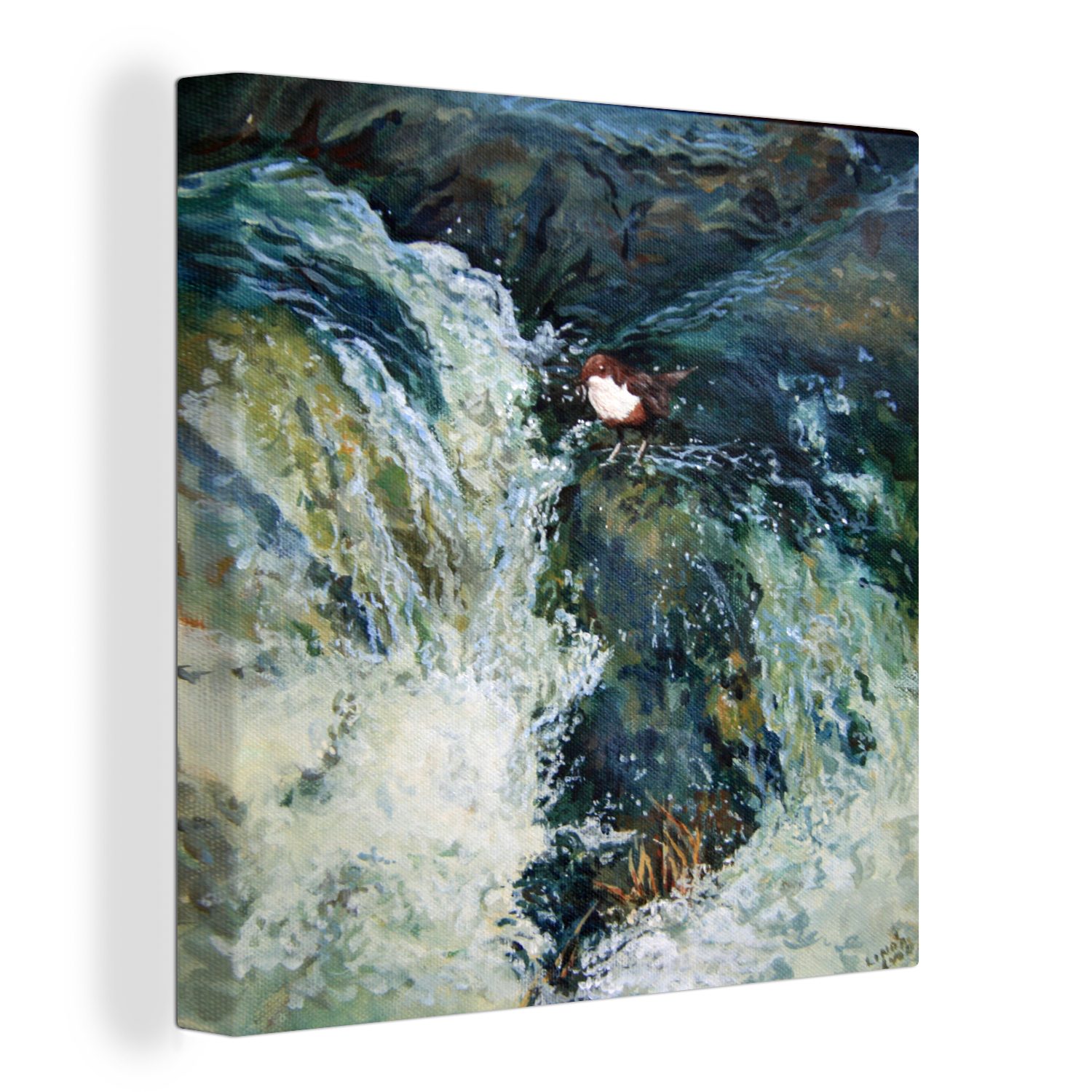 OneMillionCanvasses® Leinwandbild Ölgemälde Der Vogel und der Wasserfall, (1 St), Leinwand Bilder für Wohnzimmer Schlafzimmer