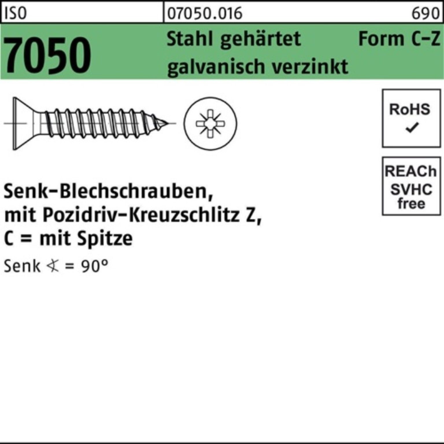 Reyher Blechschraube 250er Pack Blechschraube 4,8x 50 -C-Z ISO 7050 SEKO m.Spitze/Kreuzschl