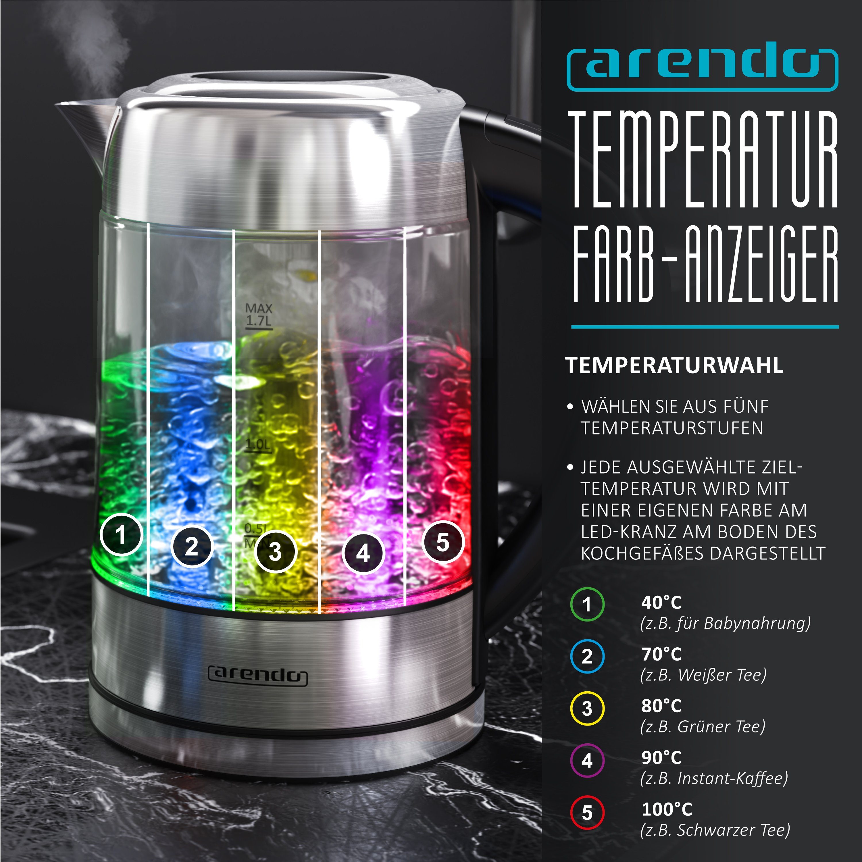 Arendo Wasserkocher aus Glas & Edelstahl, mit Temperatureinstellung, RGB Beleuchtung, 1,7 l, 2200 W, Glaskörper, Temperaturwahl 40-100°C, Aufkochfunktion Warmhaltefunktion