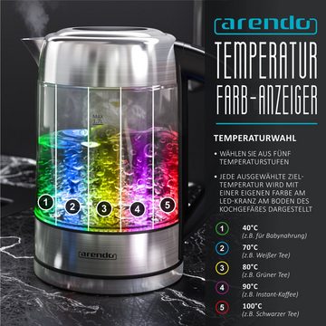 Arendo Wasserkocher, 1,7 l, 2200 W, Edelstahl mit Glaskörper, Temperaturwahl 40°C - 100°C, Aufkochfunktion