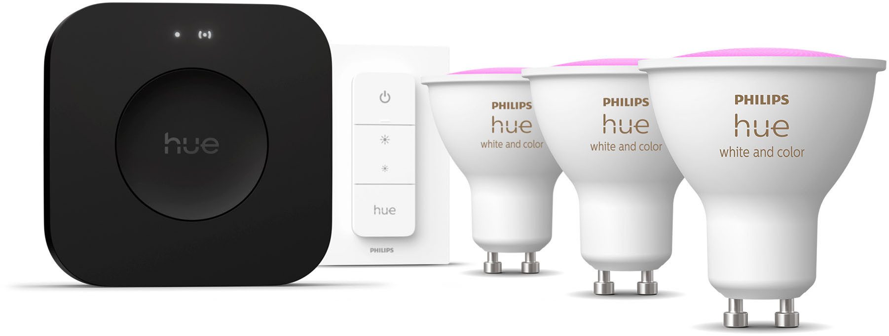 Philips Hue LED-Leuchtmittel Starter Kit Bridge Pro + 3x White & Color Ambiance + Dimmschalter, GU10, 5 St., Farbwechsler, inkl. Bridge
