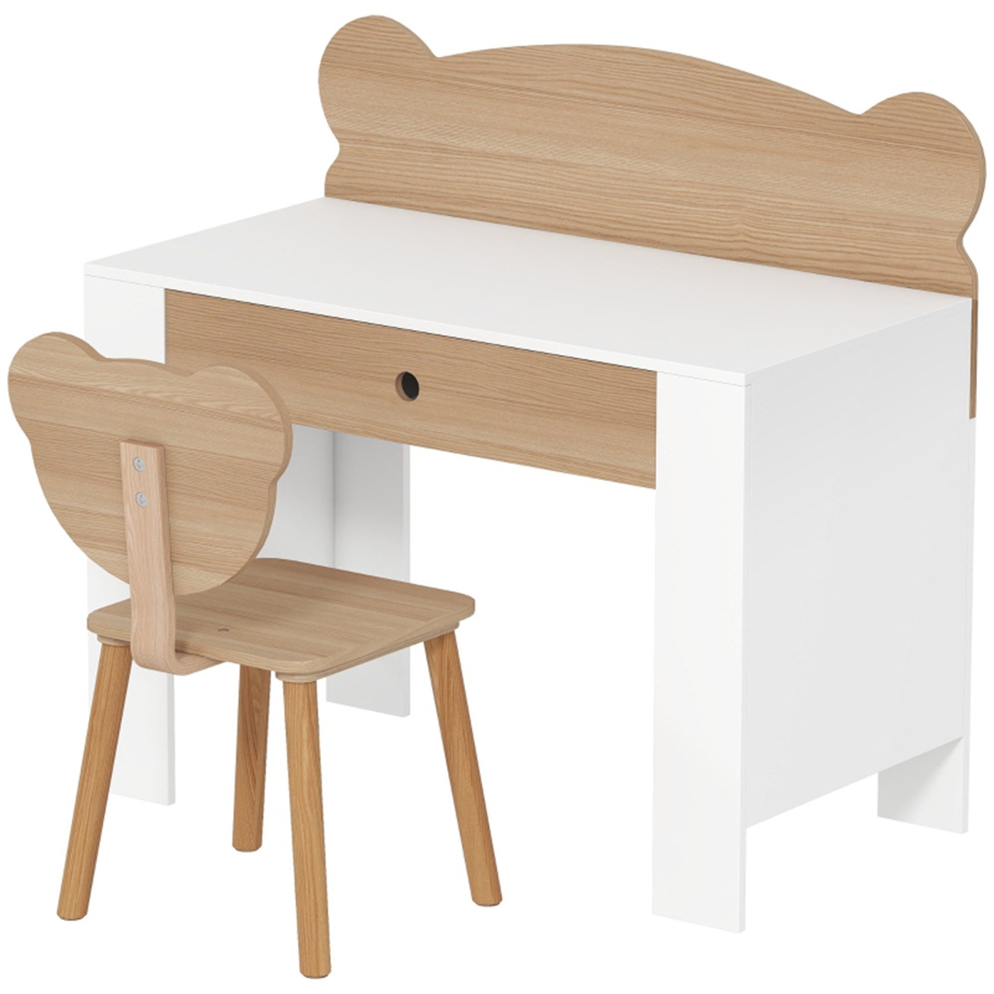 MC Star Kinderschreibtisch Set mit Tischplatte & Schublade Kinder Schreibtisch und Stuhl (mit Bärenform Schülerschreibtisch Kindertisch Jugendschreibtisch für Jungs & Mädchen Naturholz)