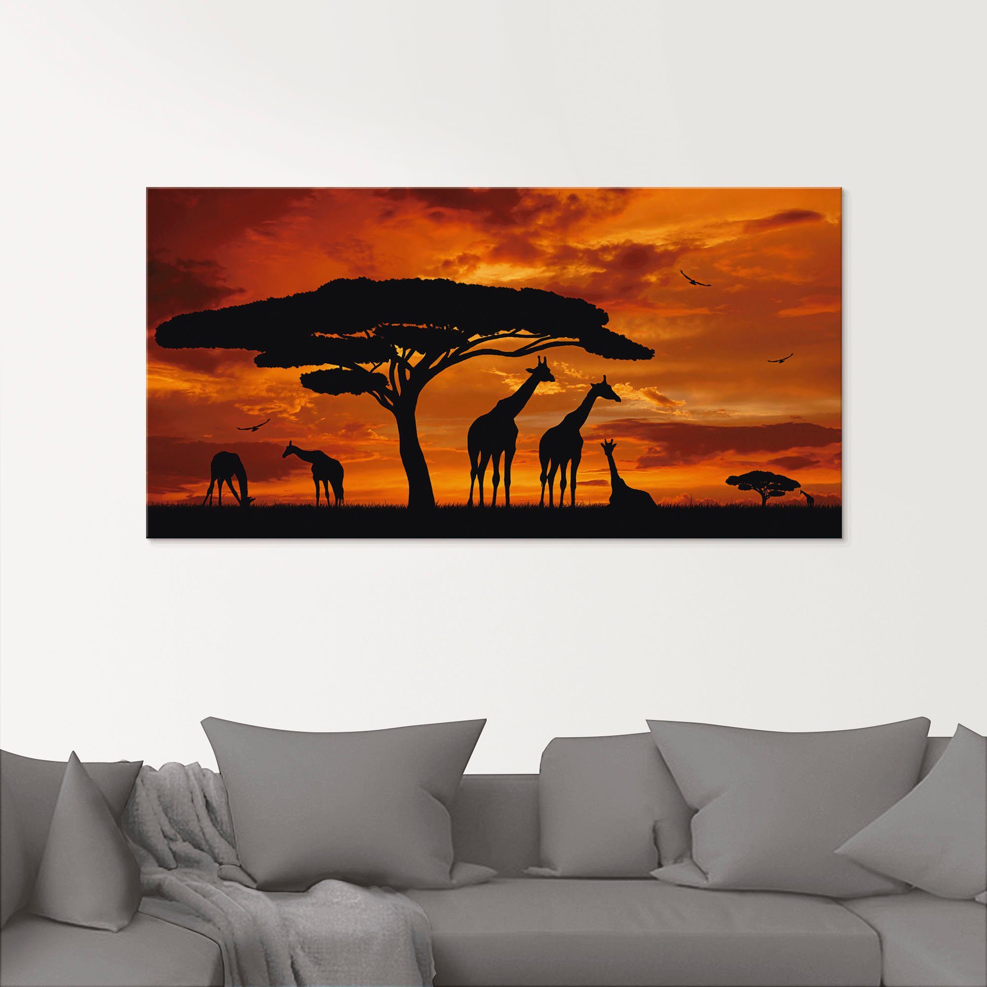Glasbild Herde von Giraffen im Sonnenuntergang