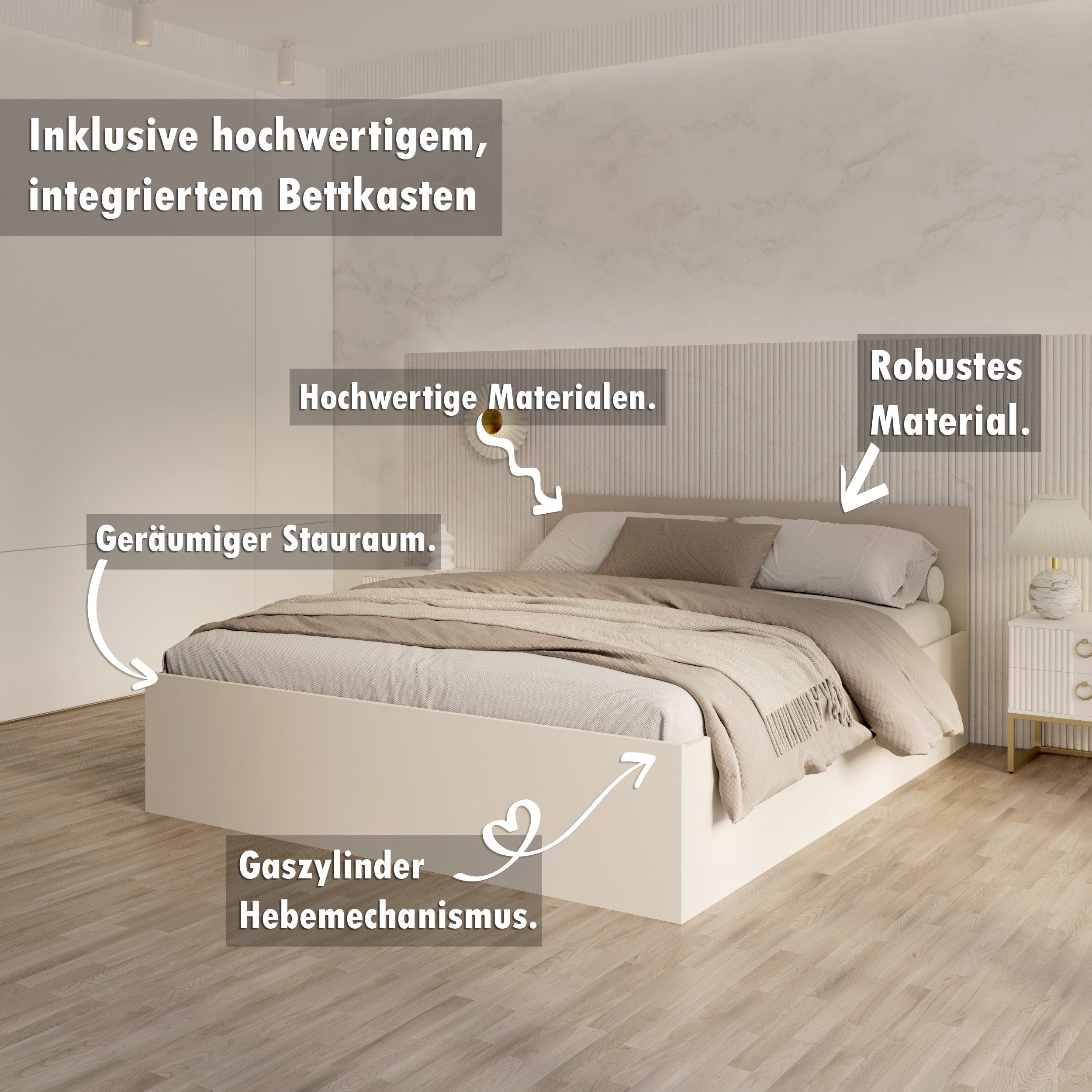 thematys Stauraumbett mit Bettkasten & Lattenrost – Polsterbett 120x200–180x200 – (Optional mit 28 cm H3/H4 Taschenfederkern oder 23 cm Taschenfederkern-Matratze H2, hydraulisches Stauraumbett)