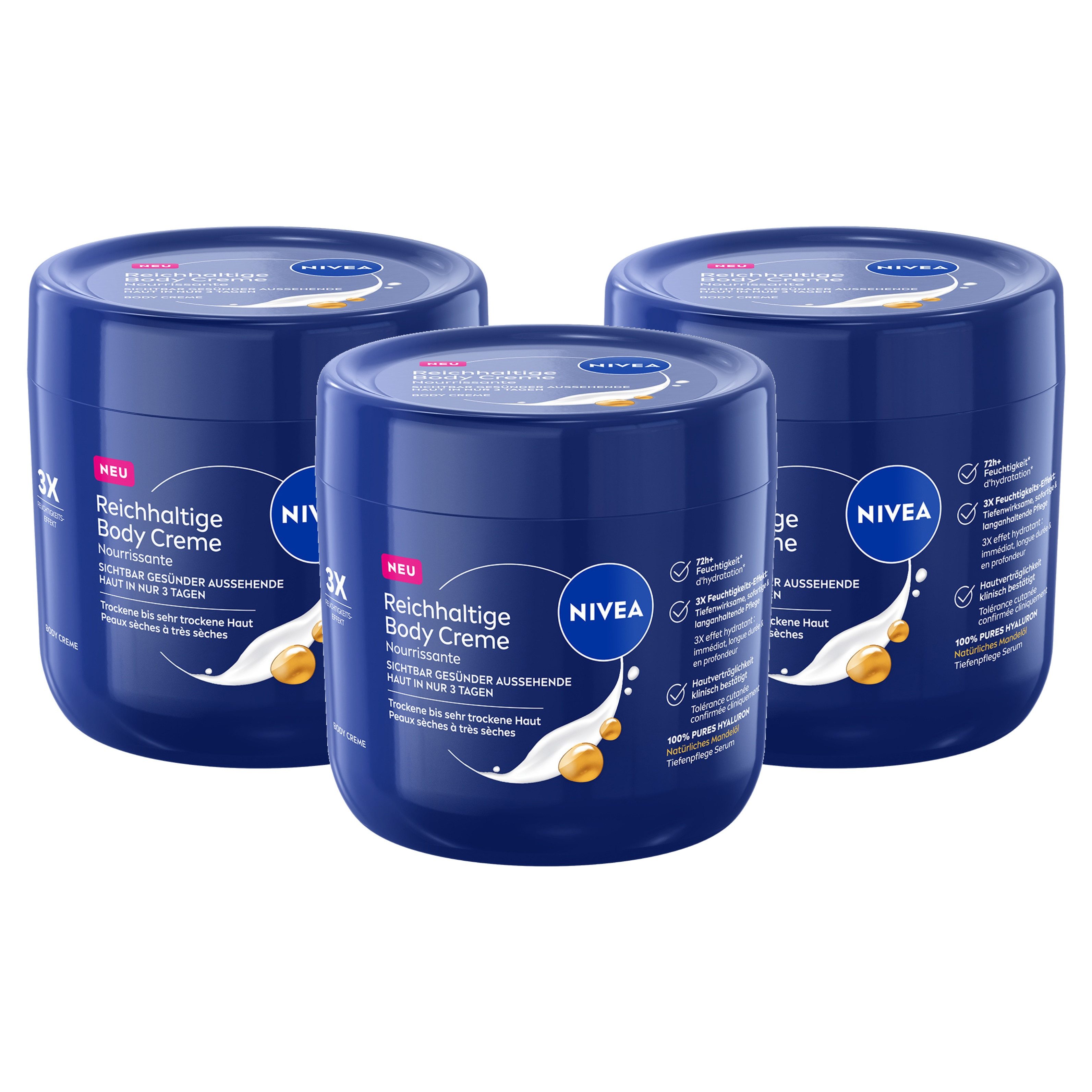 Nivea Hautcreme Reichhaltige Body Creme 3x400ml Tiefenpflege Serum vegan, 2-tlg., Mit 100% purem Hyaluron & natürlichem Mandelöl