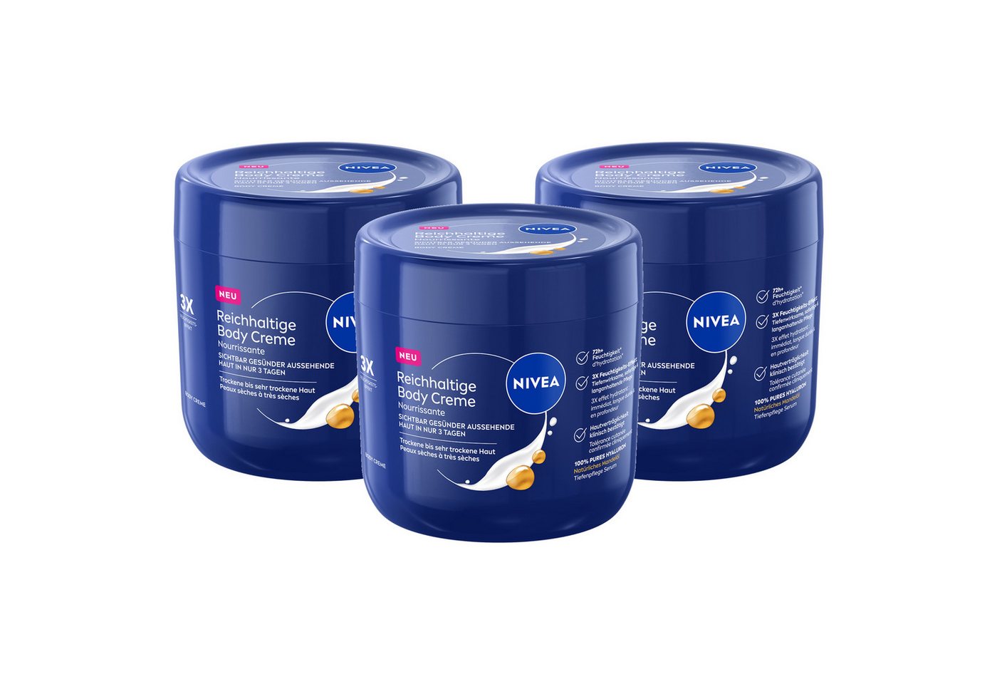 Nivea Hautcreme Reichhaltige Body Creme 3x400ml Tiefenpflege Serum vegan, 2-tlg., Mit 100% purem Hyaluron & natürlichem Mandelöl