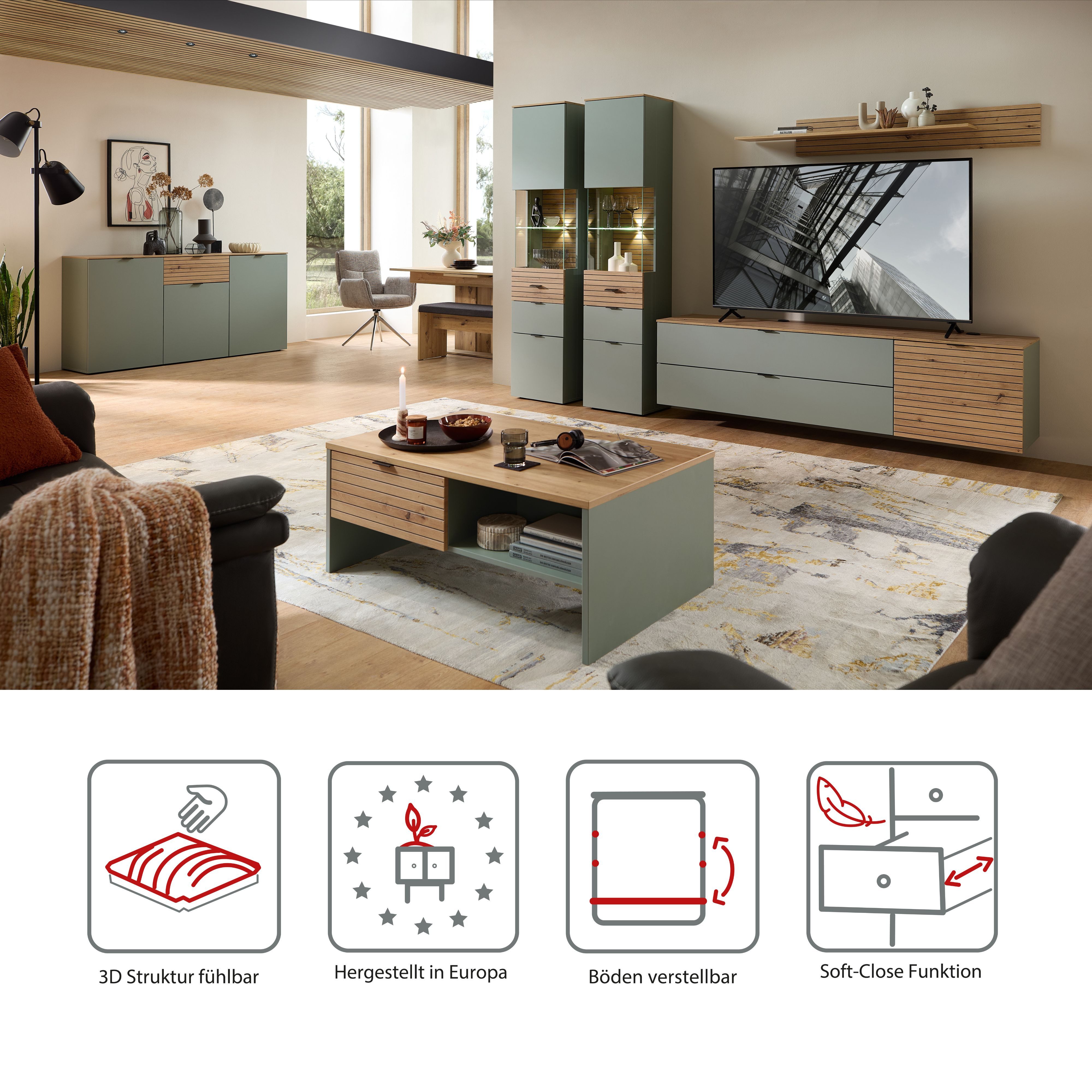 Innostyle Sideboard INA Sideboard, 180 x 90 x 45 cm (B/H/T) (1 St), 3 türig, Schublade, Softclose