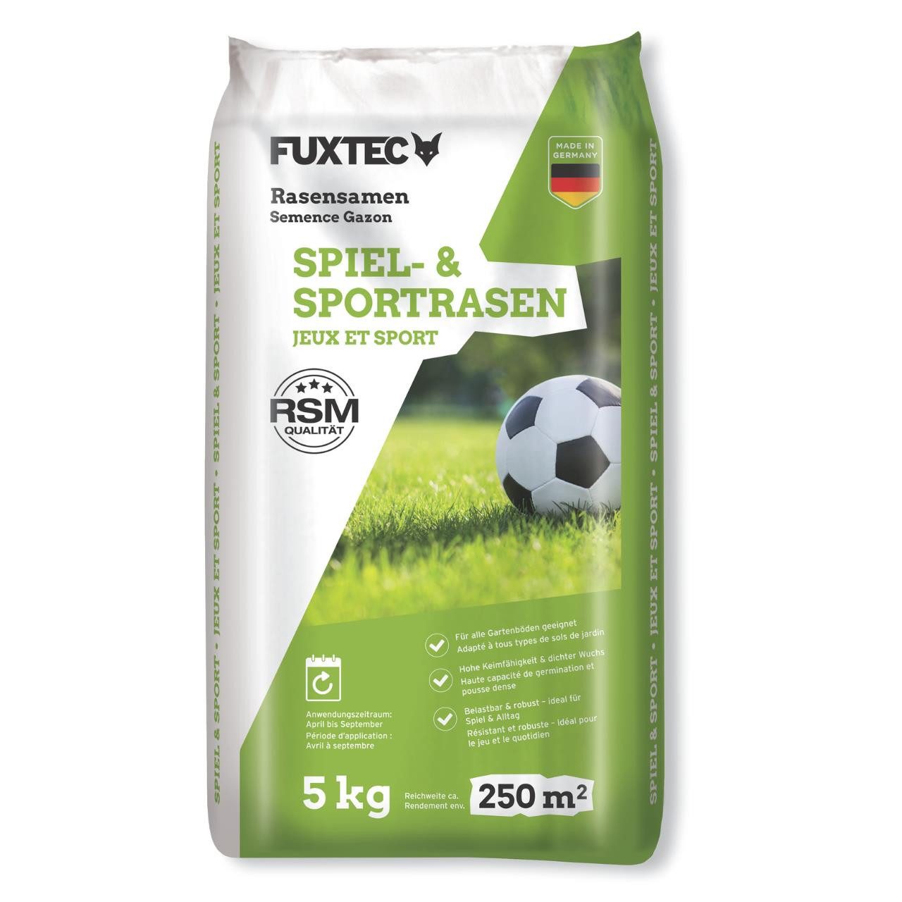 FUXTEC Rasensamen FX-RSSP5, 5 kg, Hohe Keimfähigkeit, belastbar und trittfest, Neu- und Nachsaatflächen