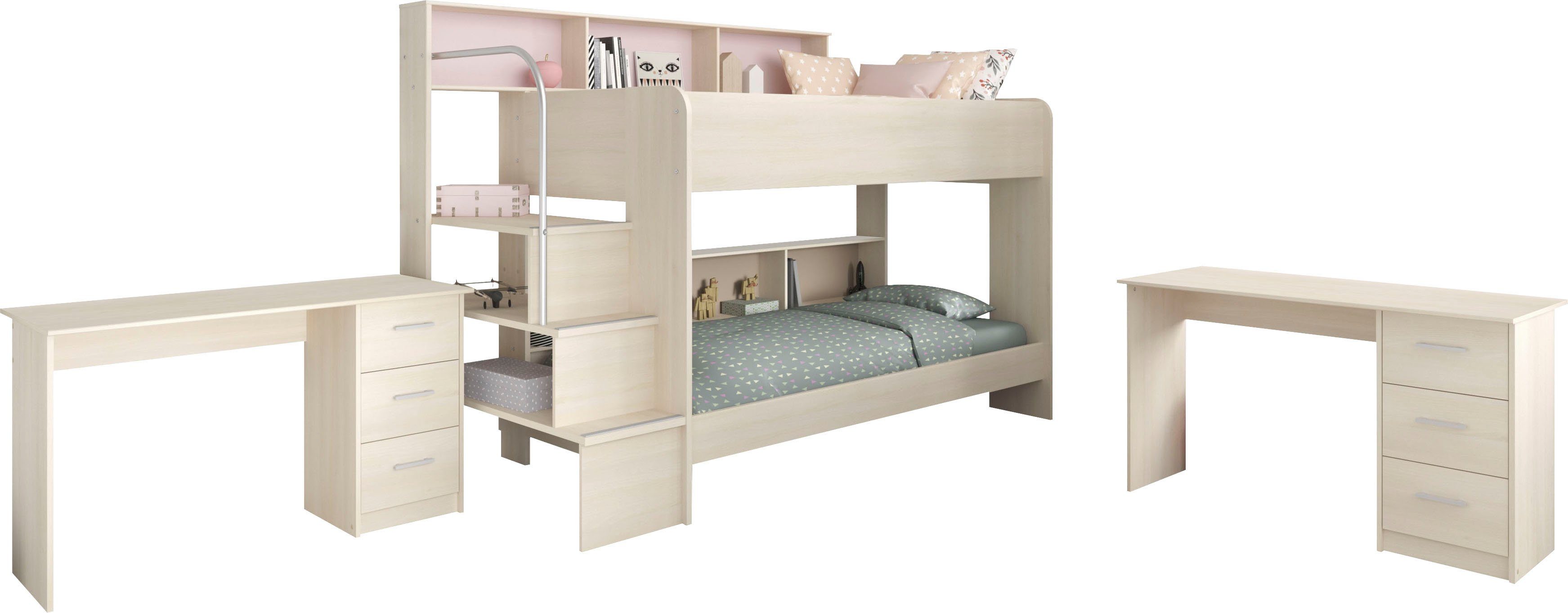 Parisot Jugendzimmer-Set Bibop, zwei Etagenbett, (3-St., Schreibtischen 2 Schreibtische), mit