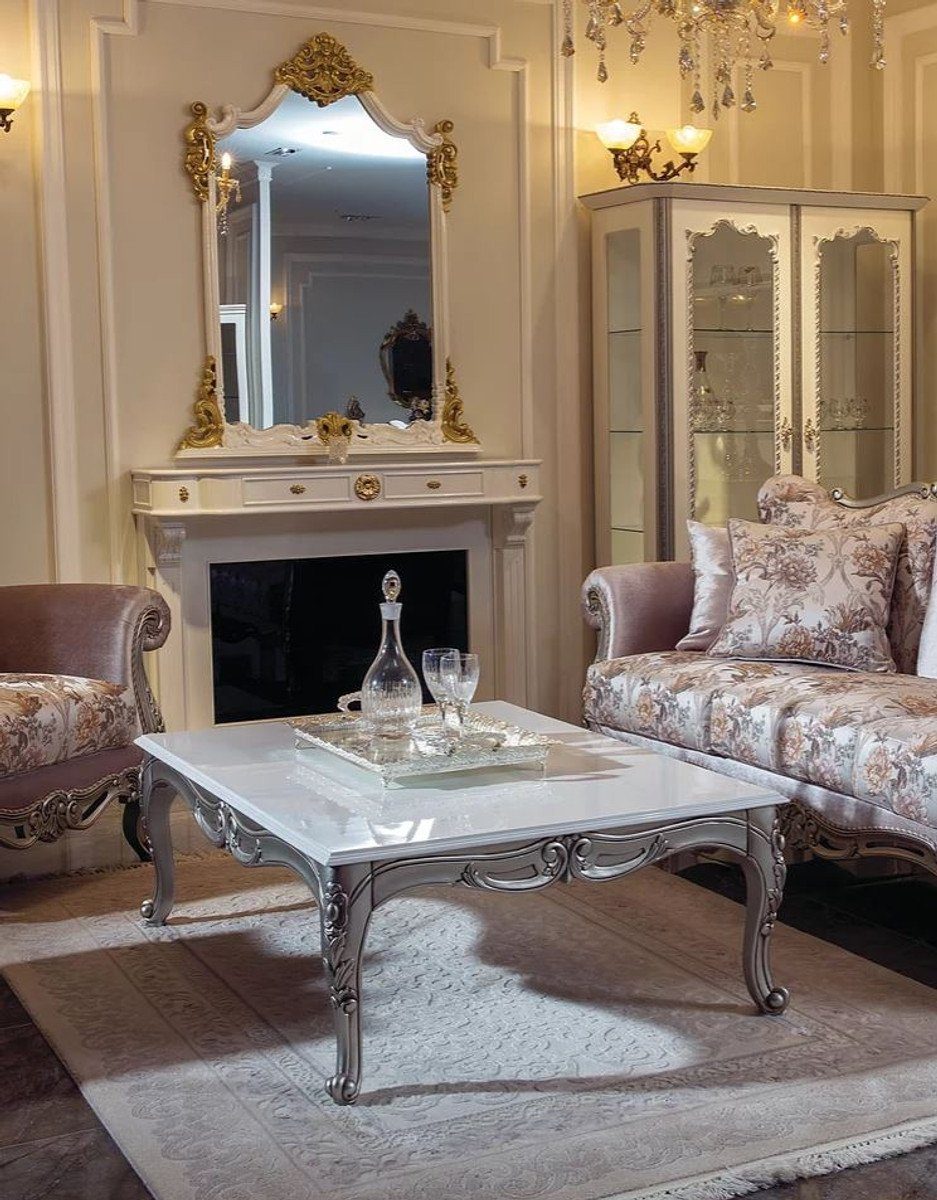 Casa Padrino Couchtisch Luxus Barock Couchtisch Weiß / Silber 129 x 93 x H. 44 cm - Rechteckiger Massivholz Wohnzimmertisch im Barockstil - Barock Möbel