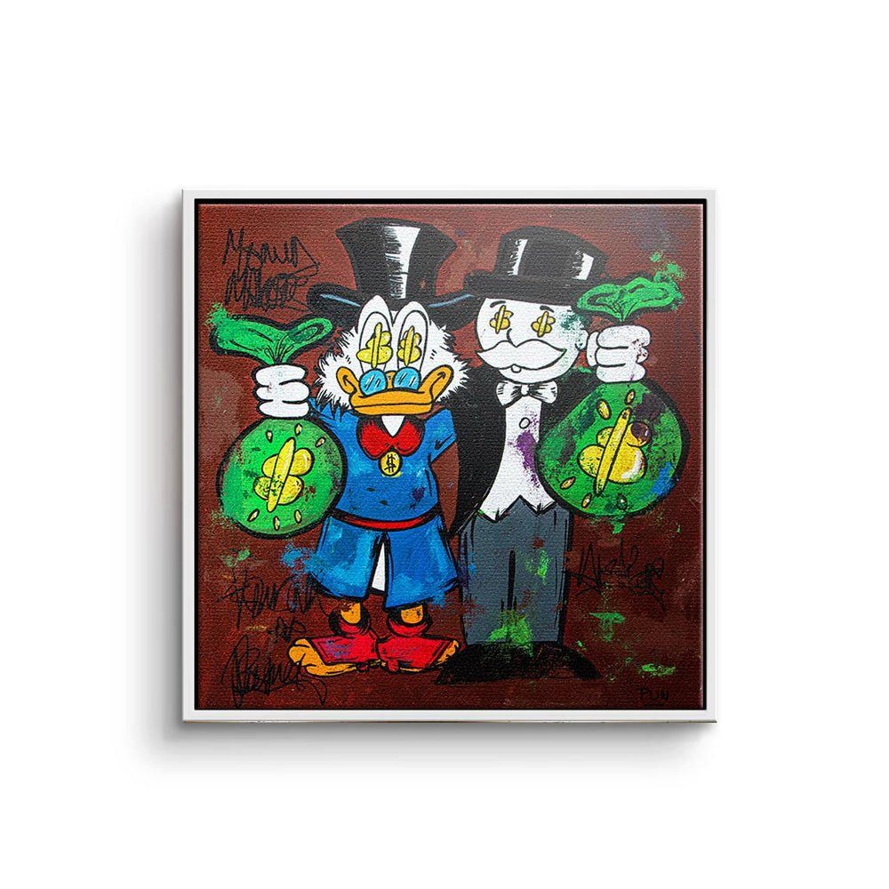 DOTCOMCANVAS® Leinwandbild, Leinwandbild Dagobert Duck MrMonopoly Pop Art Comic Geld hustle friend weißer Rahmen