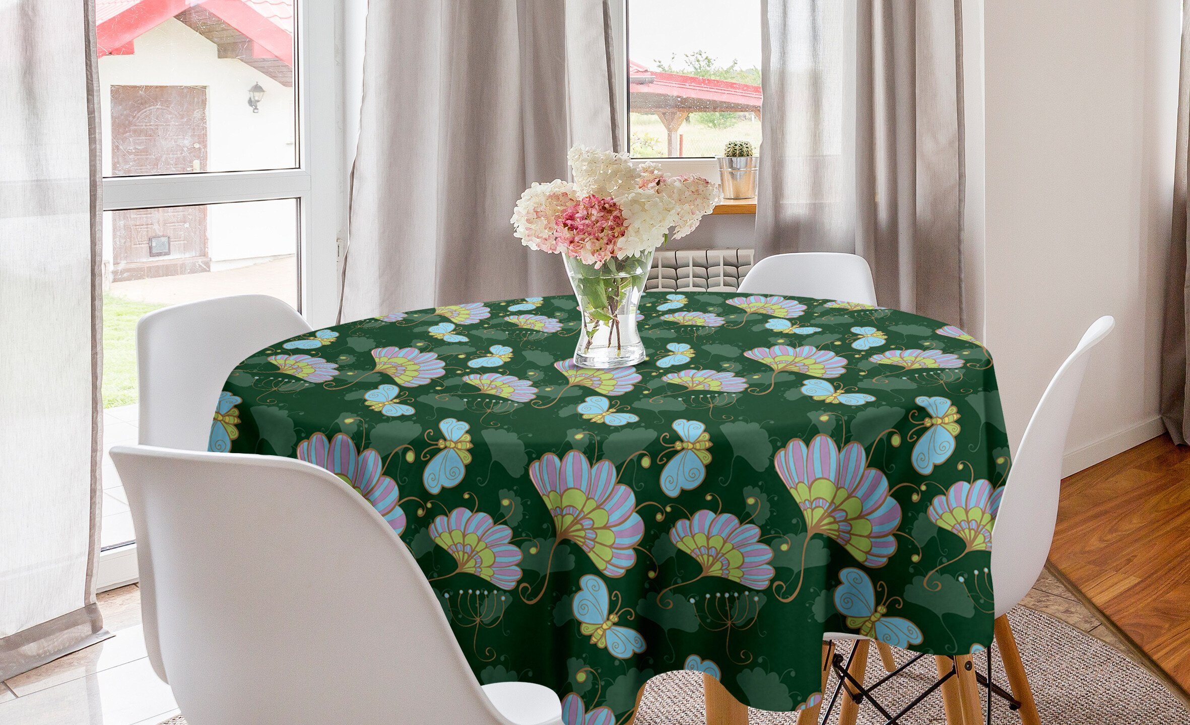 Abakuhaus Tischdecke Kreis Tischdecke Abdeckung für Esszimmer Küche Dekoration, Blumen Cartoonish Blumen Schmetterling
