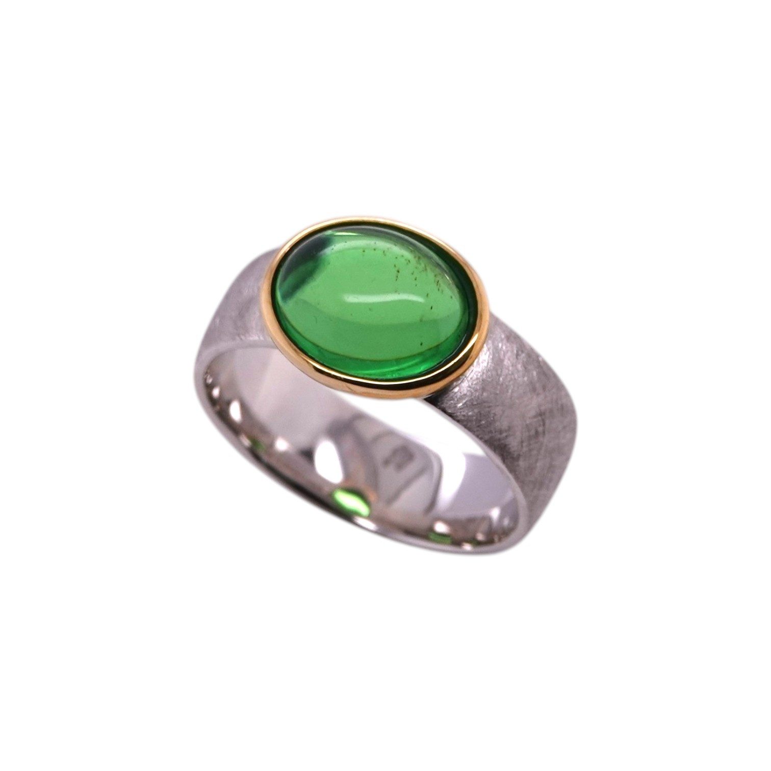 Sogni d'oro Fingerring mit grünem Bernstein, Silber 925, mattierte Ringschiene, vergoldeter Ringkopf