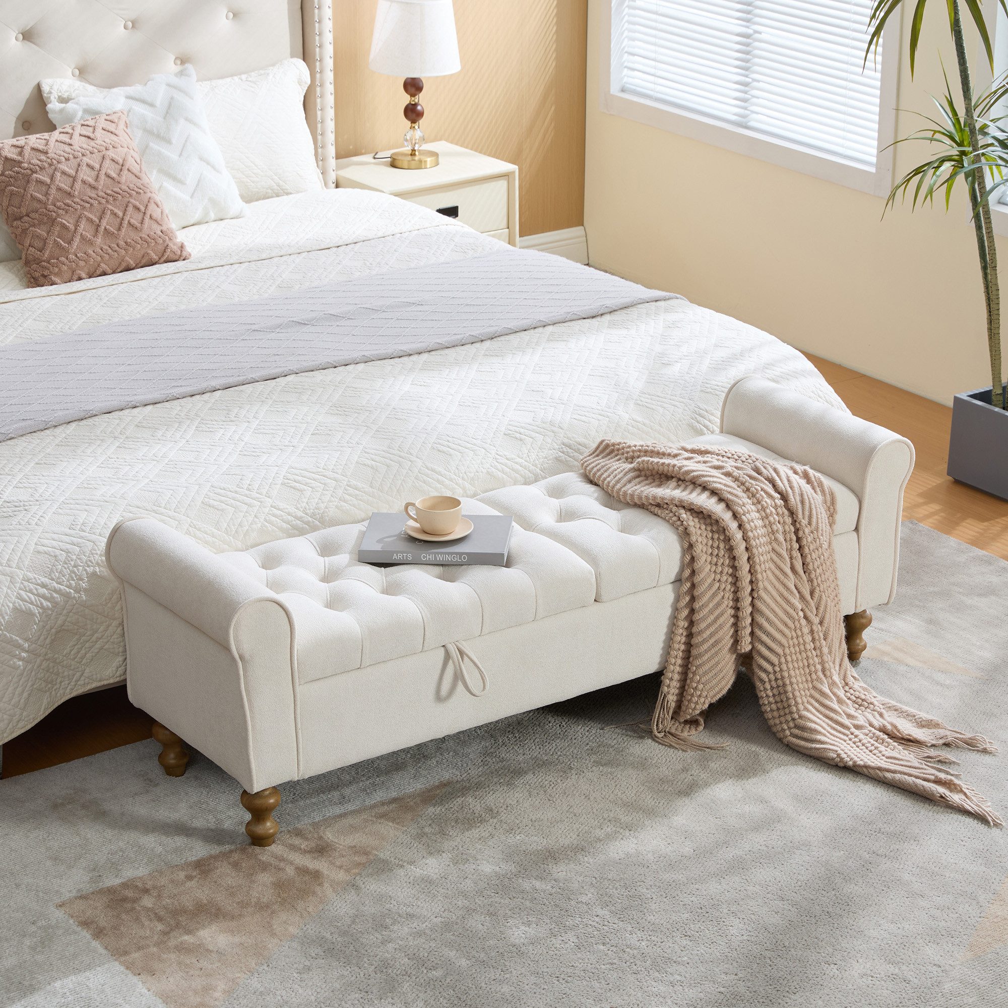 i@home Bettbank Hocker mit Stauraum (Sitzbank mit Stauraum Velours, 1-St., 2 Deckel, gerollte Armlehnen, Kautschukholzbeine), Betthocker für Schlafzimmer, Flur und Wohnzimmer