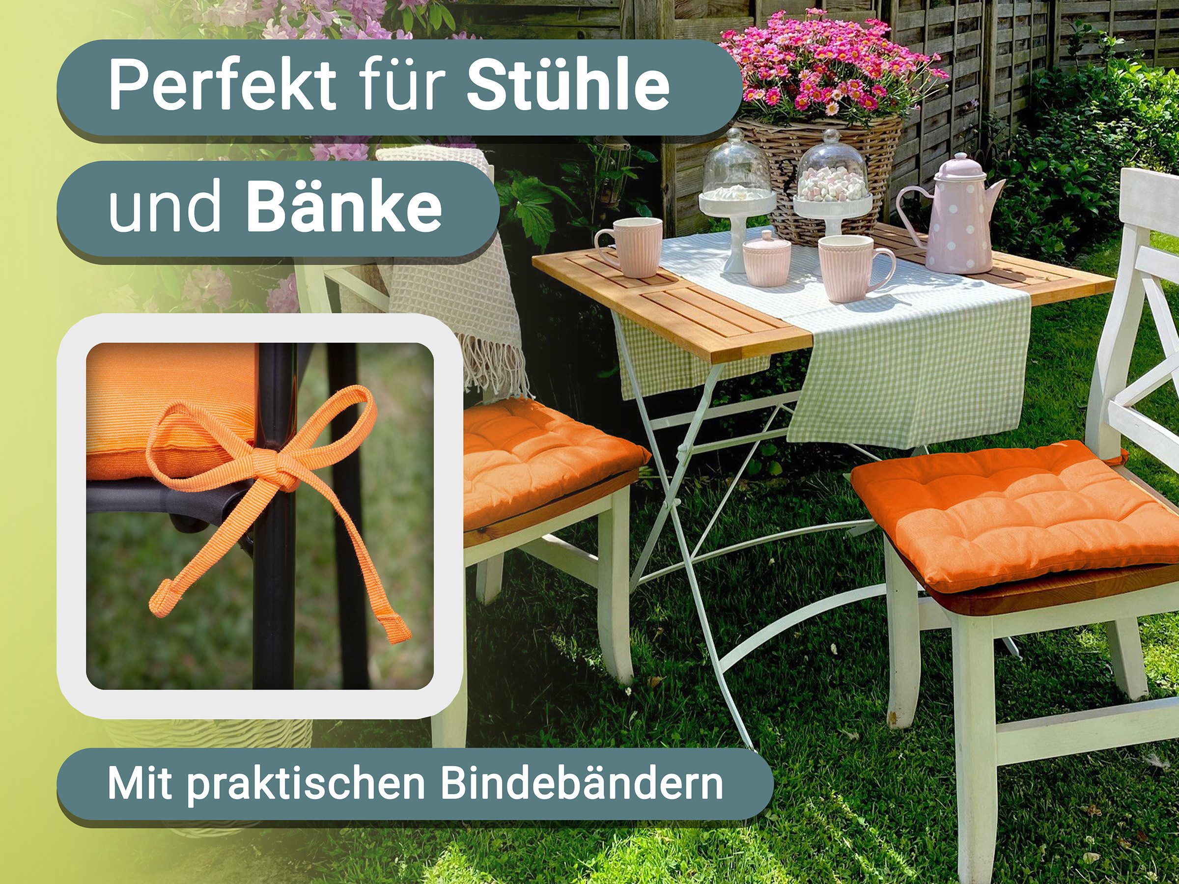 ZOLLNER Stuhlkissen, 40 x 40 x 3 cm, mit Bindebänder, für Indoor und Outdoor