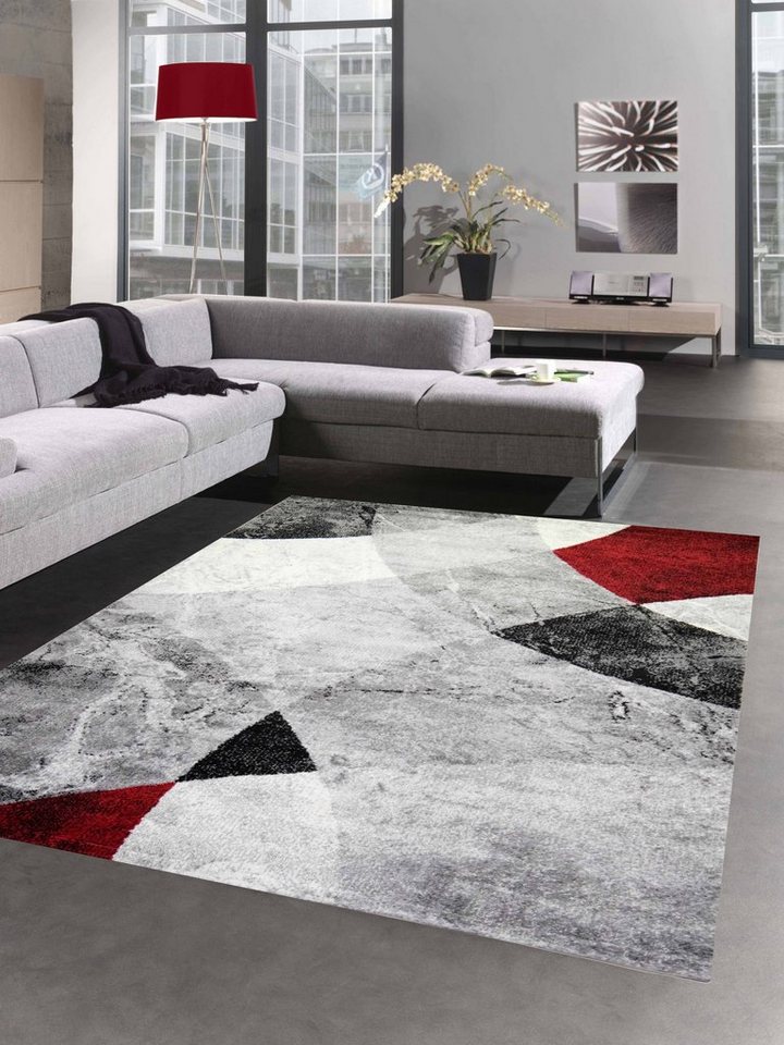 Teppich Abstrakter Wohnzimmer Teppich mit modernem marmorierten Wellen  Rauten Design in grau rot - pflegeleicht, Carpetia, rechteckig, Höhe: 8 mm
