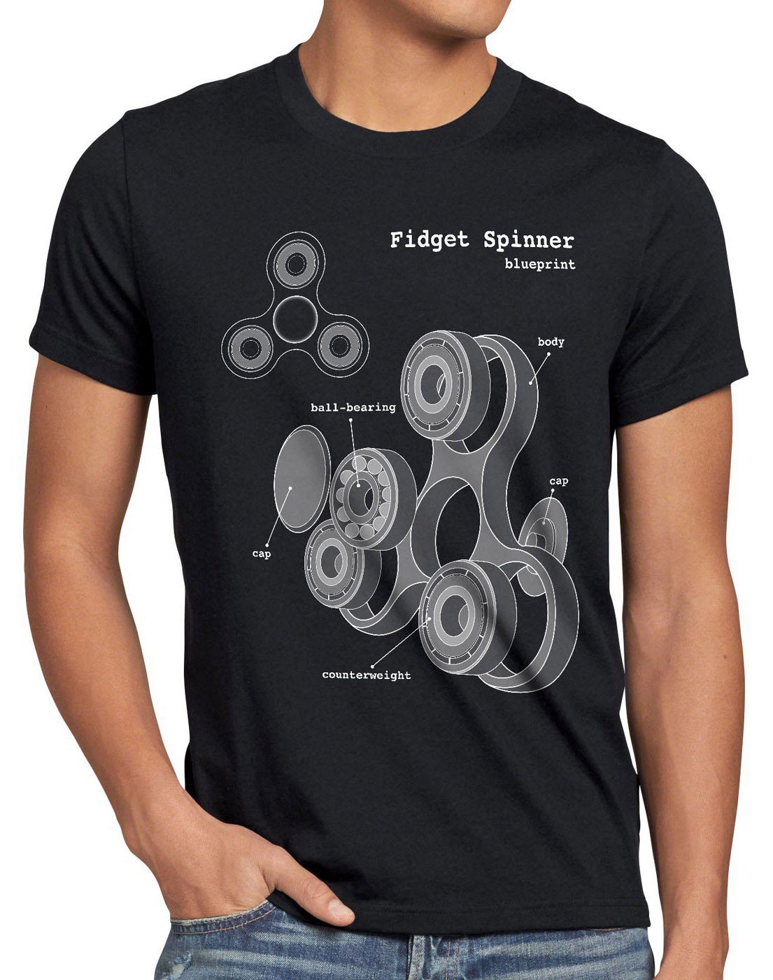 style3 Print-Shirt Herren T-Shirt Fidget Hand Spinner Handspinner Toy Blaupause Spielzeug Finger schwarz