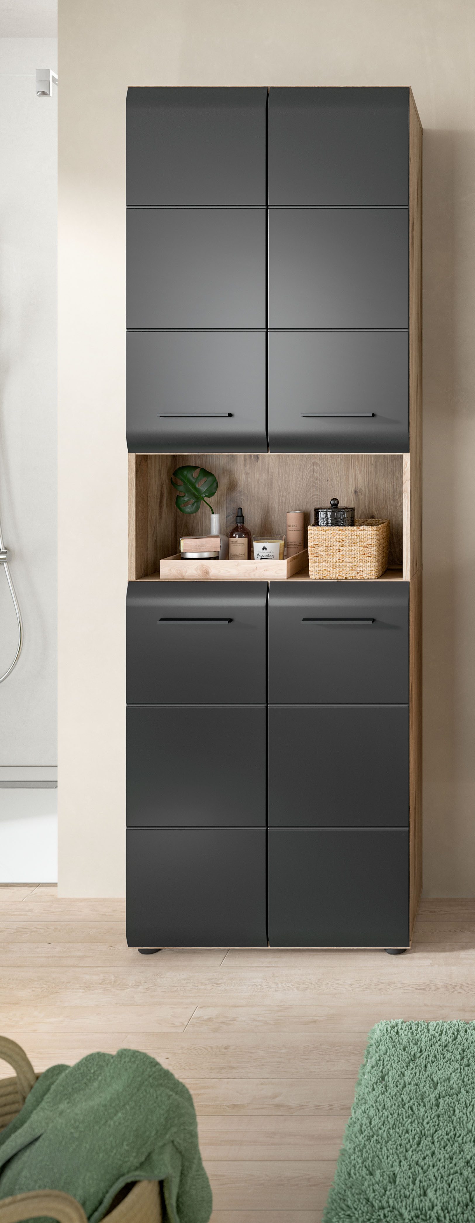 welltime Stauraumschrank FLORENZ, Höhe 185 cm, 4 oder 6 Türen, viel Stauraum (1-St., TOPSELLER) hochwertige MDF Front, Griff schwarz, Badschrank, Bad – Bild 2 von 5