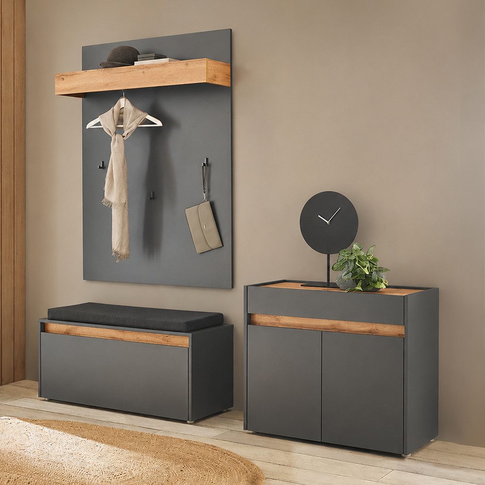 Lomadox Garderoben-Set CRISP-61, (Spar-Set, 3-St., Garderobenpaneel Schuhbank Kommode), Anthrazit mit Eiche, griffloses Design, modern