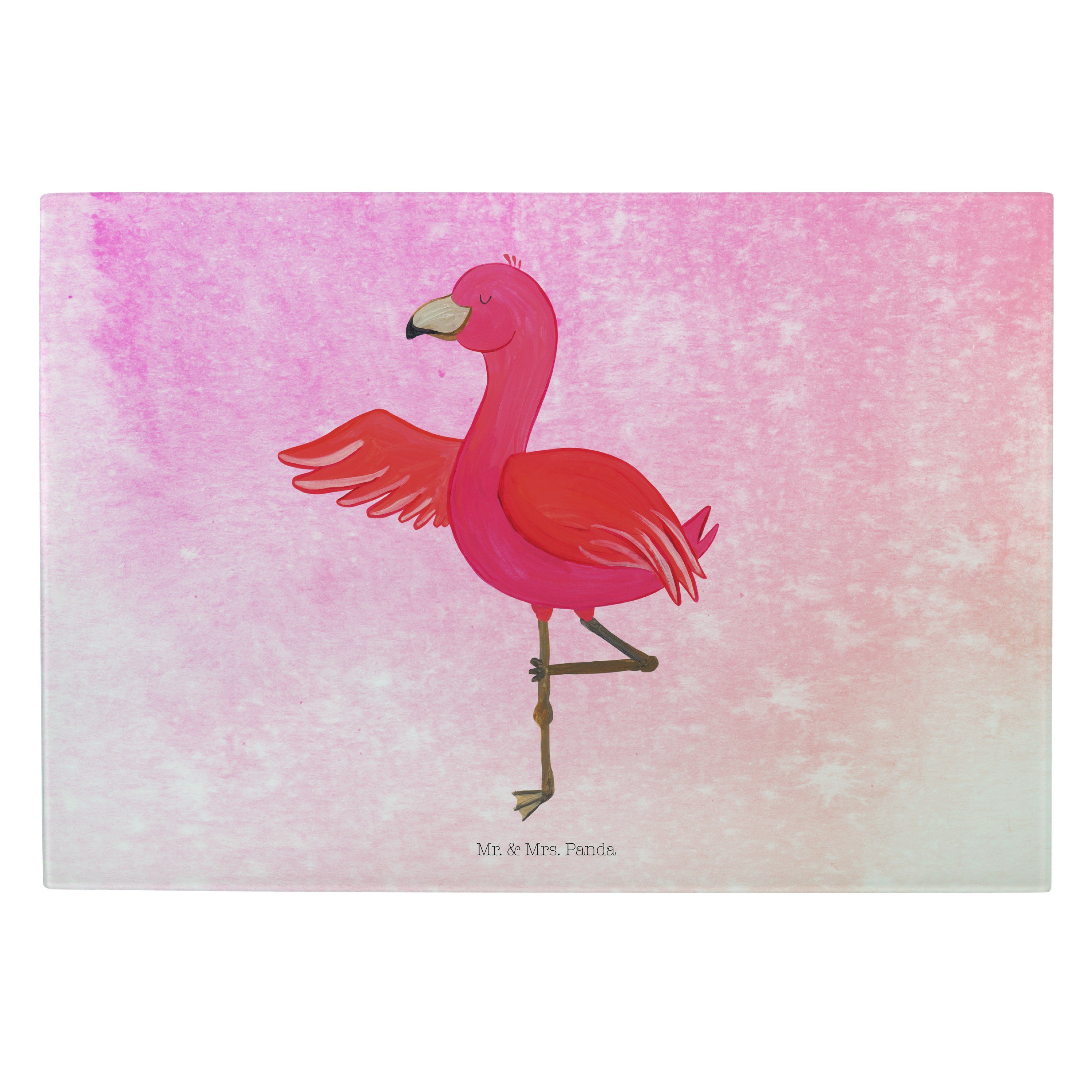 Mr. & Mrs. Panda Servierbrett Flamingo Yoga - Aquarell Pink - Geschenk, Schneidebrett, Tiefenentspa, Premium Glas, (1-St)