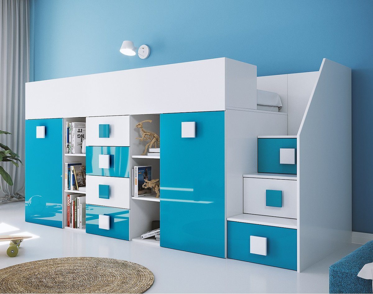 QMM TraumMöbel Hochbett TELLY 3 mit Treppe rechts (Bett, Schrank, Schreibtisch, Schubladen, Regale, Treppe) ausziehbarer Schreibtisch