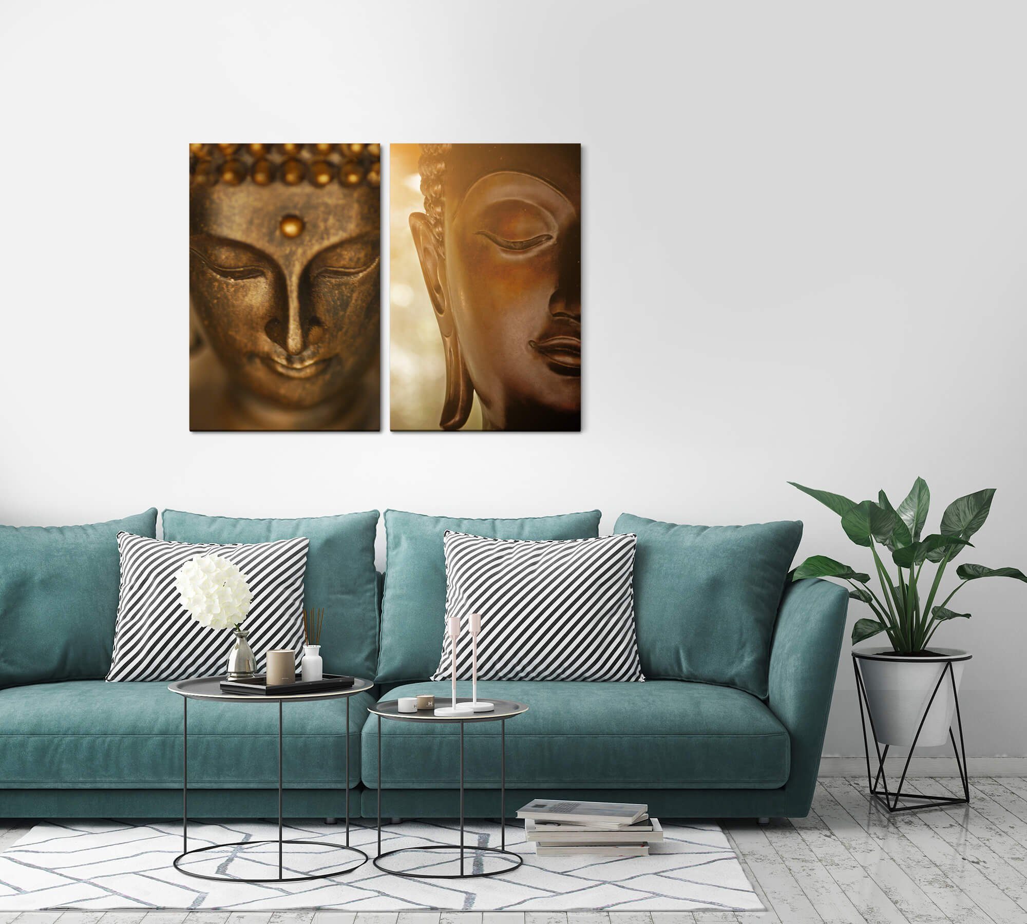 Sinus Art Leinwandbild 2 Bilder je 60x90cm Buddha Buddhakopf Asien Meditation Relax Achtsamkeit positive Energie