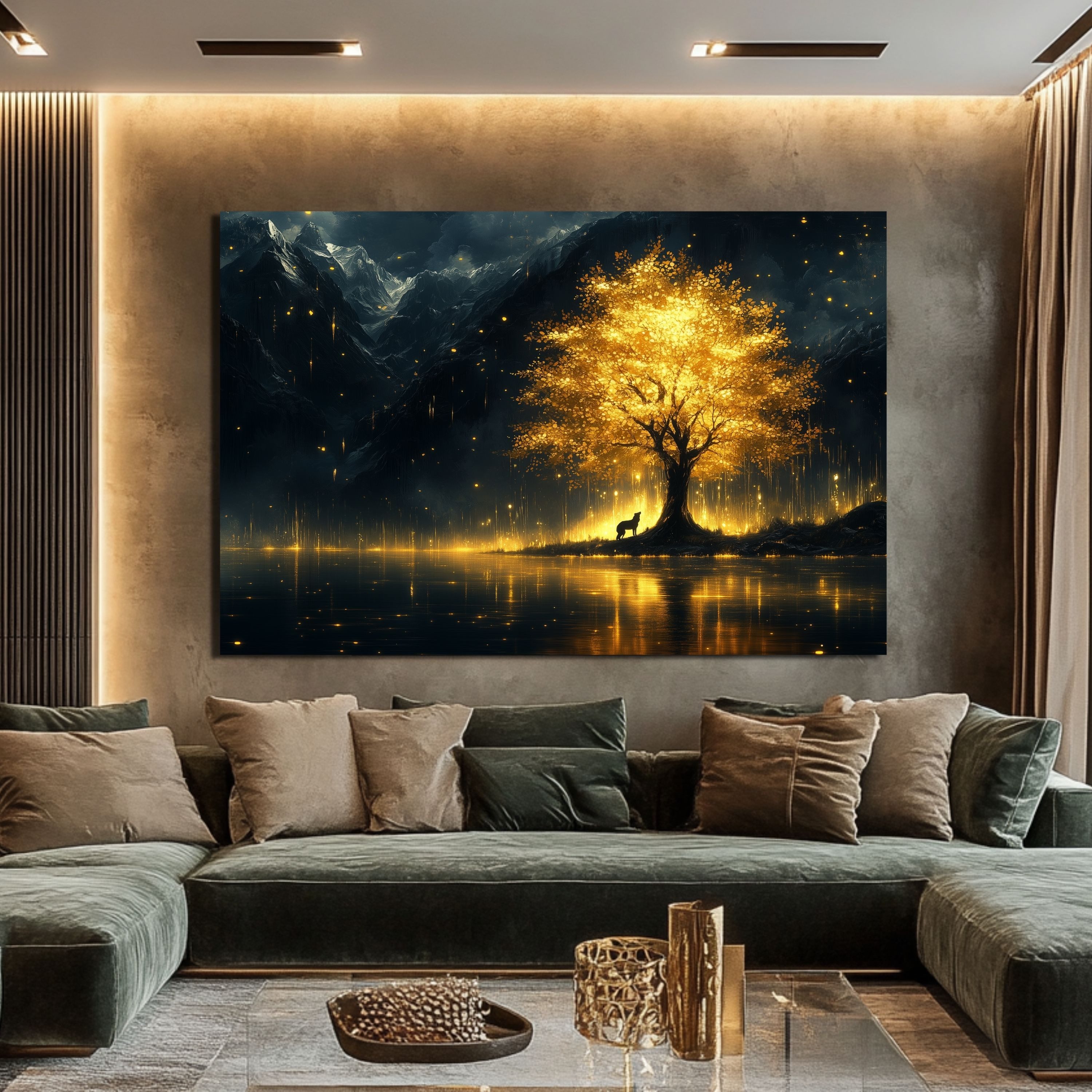 DARO Design Leinwandbild Modern Abstrakt Wandbilder XXL Wandbild Wand Deko Leinwand Bilder, (Wolf am goldenen Baum - Bild groß Wohnzimmer Esszimmer Schlafzimmer – Bild 2 von 5
