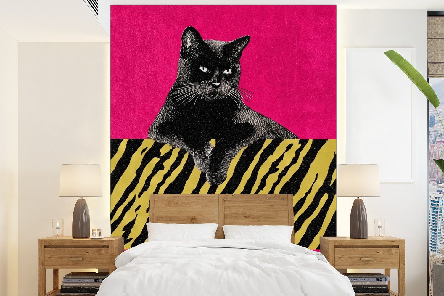 MuchoWow Fototapete Katze - Boss - Rosa - Tigerdruck, Matt, bedruckt, Montagefertig Vinyl Tapete, Wandtapete, 190x260 cm